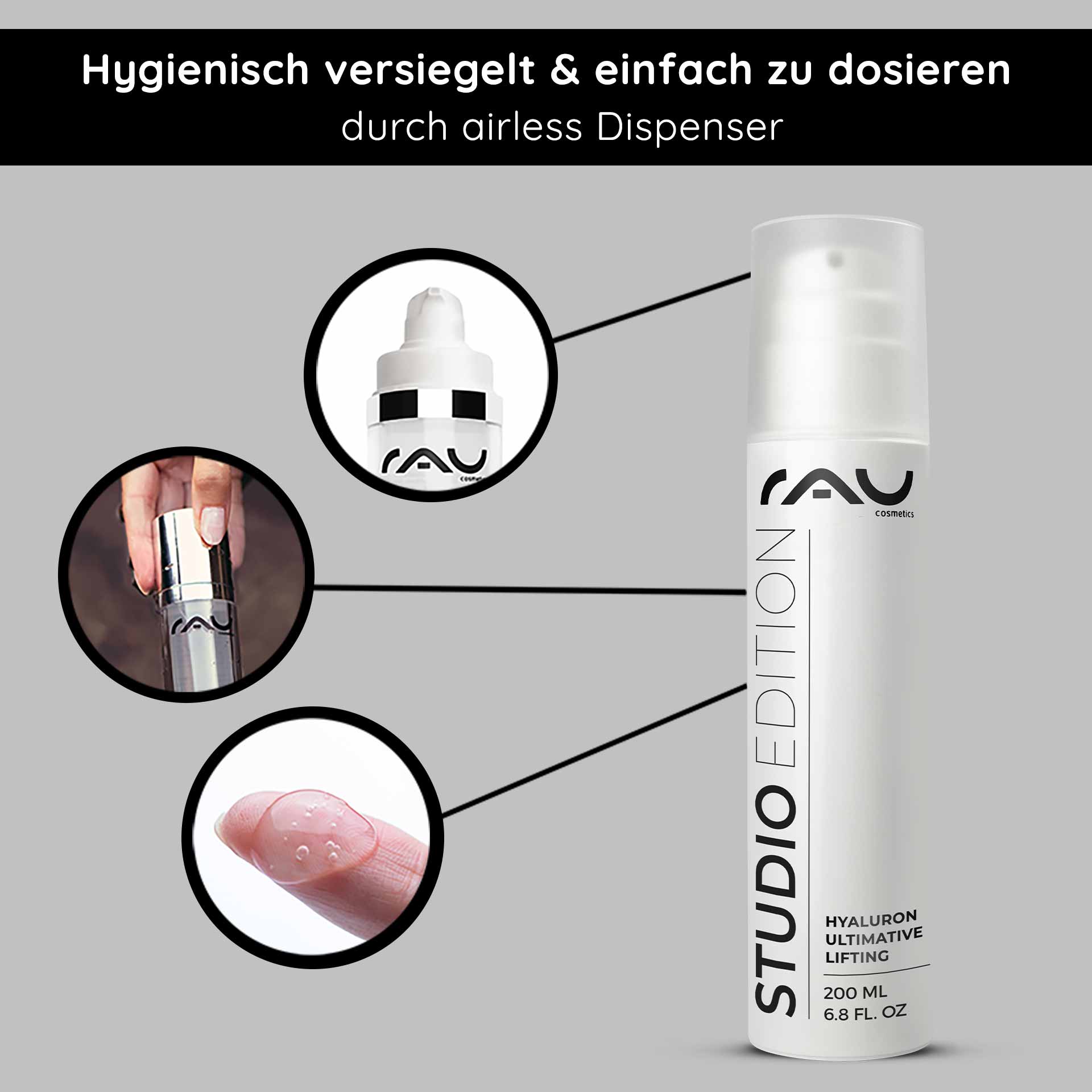 ヒアルロン アルティメイト リフティング 200ml ヒアルロン酸ジェル RAU Cosmetics Hyaluron Ultimative Lifting Gel im Airless-Spender mit hygienischer Verpackung, Anwendung mit der Fingerspitze und Produktdetails, die die Anti-Aging-Vorteile hervorheben.
