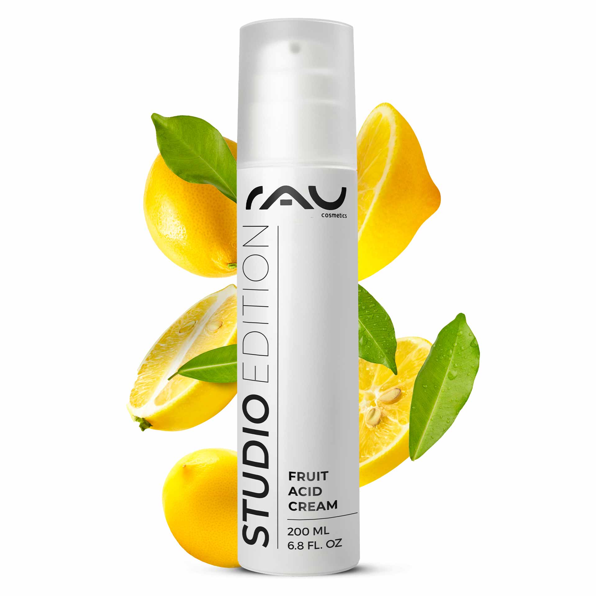 フルーツ酸クリーム 200ml BHAフルーツ酸クリーム RAU Cosmetics Fruchtsäurecreme, 200-ml-Verpackung mit Zitronenscheiben und grünen Blättern, die die Peeling-Eigenschaften und die Vorteile für die Hautpflege hervorheben.