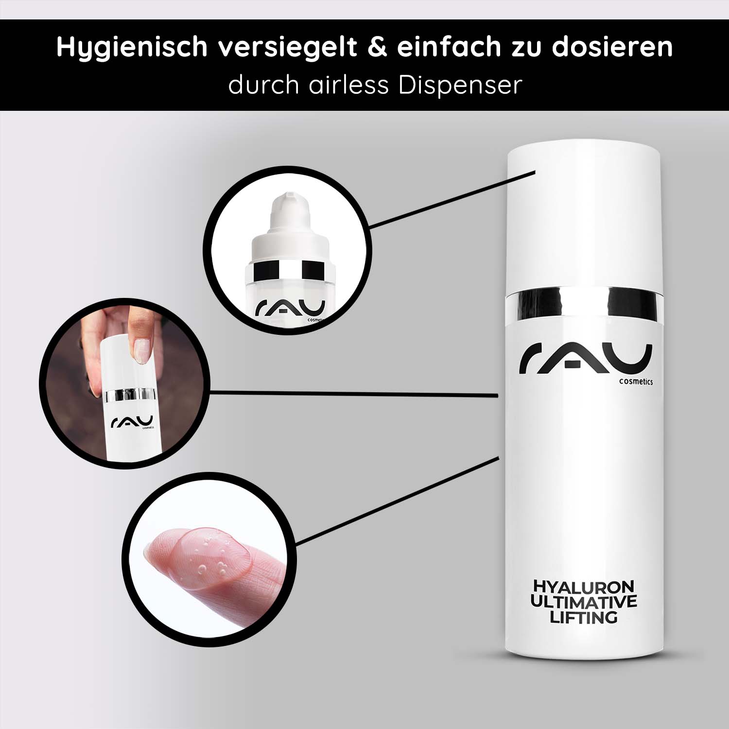 ヒアルロン アルティメイト リフティング 50ml ヒアルロン リフティングジェル Hyaluron Ultimative Lifting Serum im Airless-Spender mit hygienischer Versiegelung, einfacher Dosierung und gelartiger Textur, entwickelt für feuchtigkeitsspendende und Anti-Aging-Vorteile bei trockener Haut.