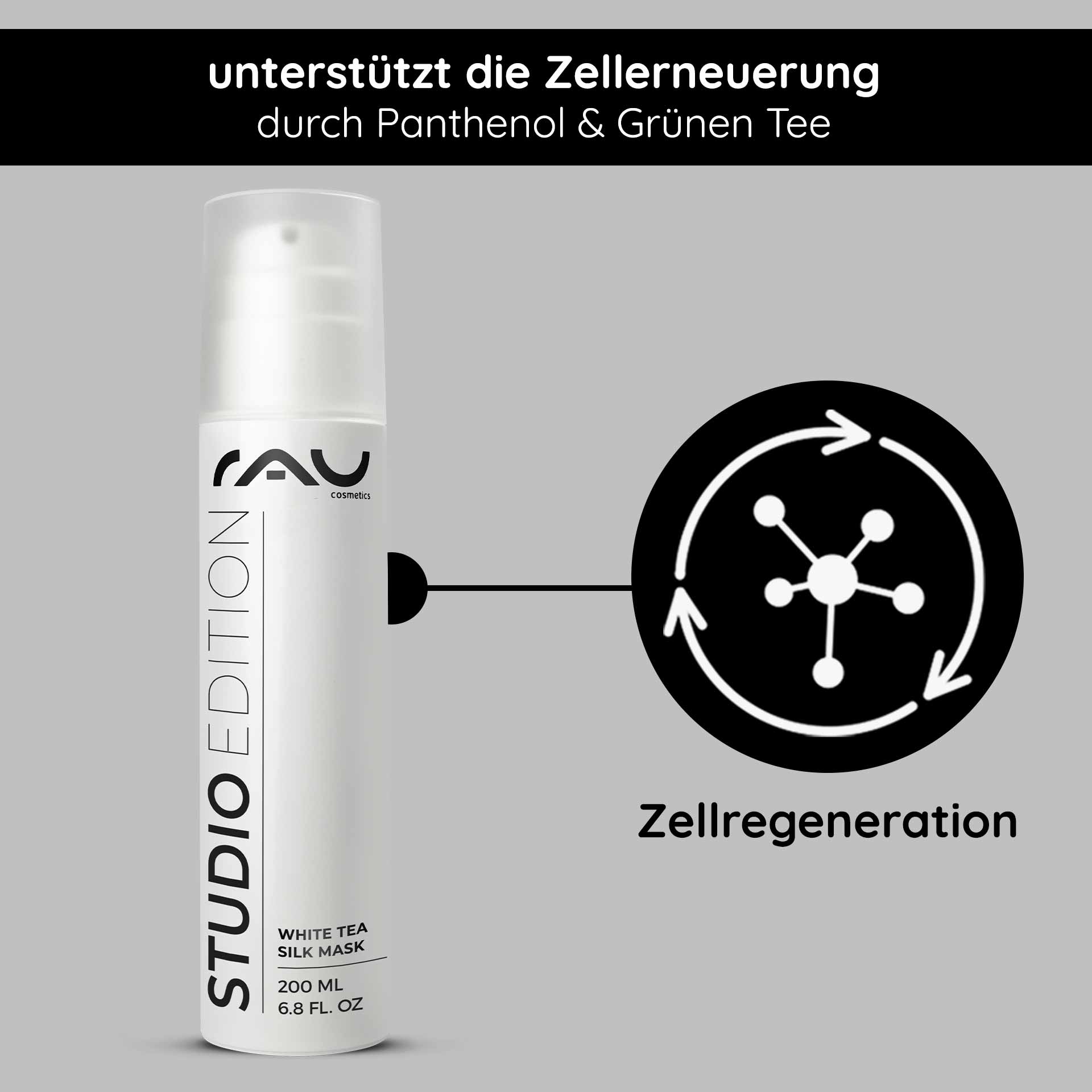 ホワイトティーシルクマスク 200ml リッチクリーム&マスク RAU White Tea Silk Mask, 200-ml-Flasche mit Text, der die durch Panthenol und grünen Tee unterstützte Zellregeneration hervorhebt, auf grauem Hintergrund.