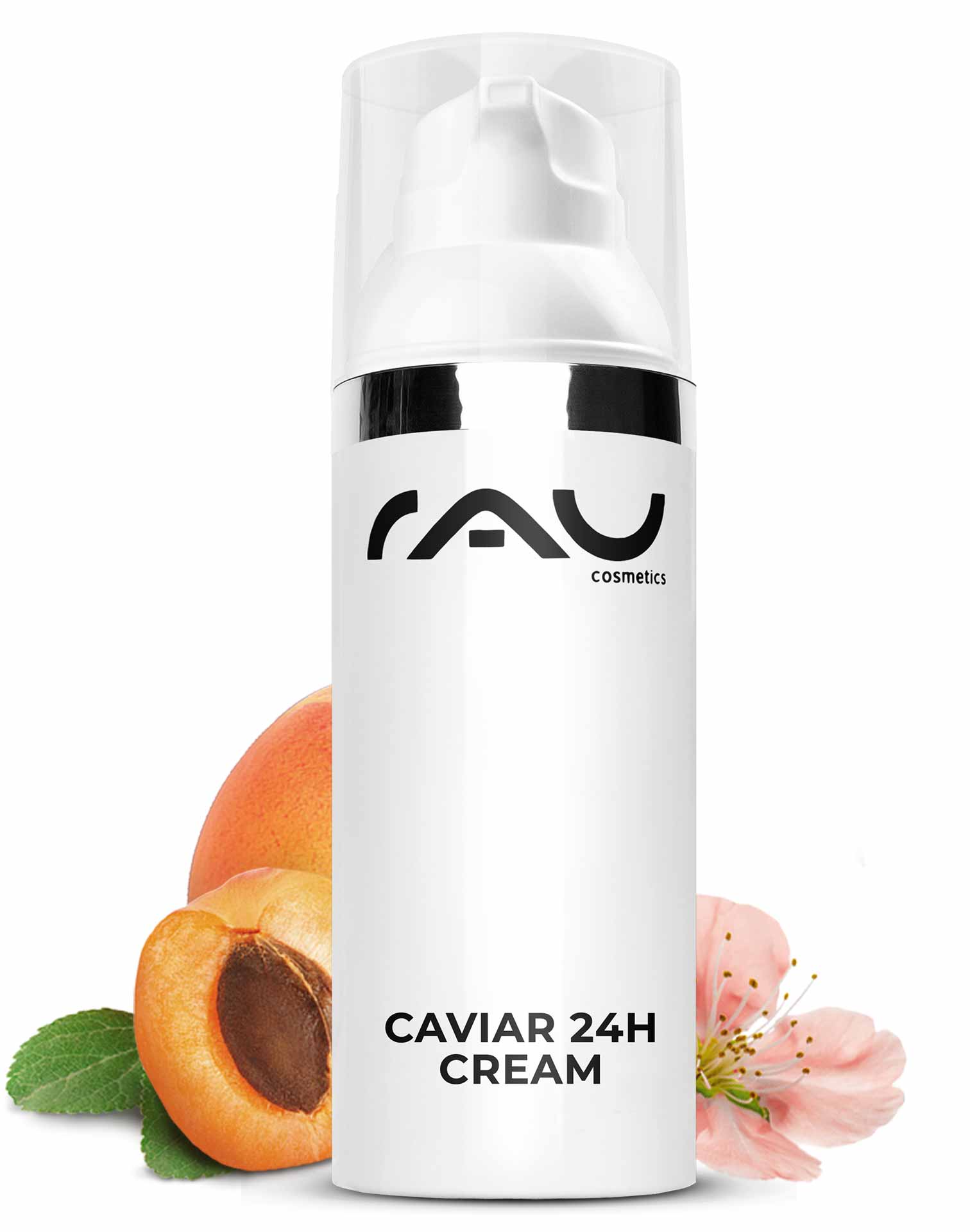 キャビア 24hクリーム 50ml キャビアエキス配合スキンケア Flasche der RAU Cosmetics Caviar 24h Cream mit Aprikosen- und Blumenakzenten, die die Anti-Aging-Eigenschaften und die feuchtigkeitsspendende Wirkung hervorhebt.