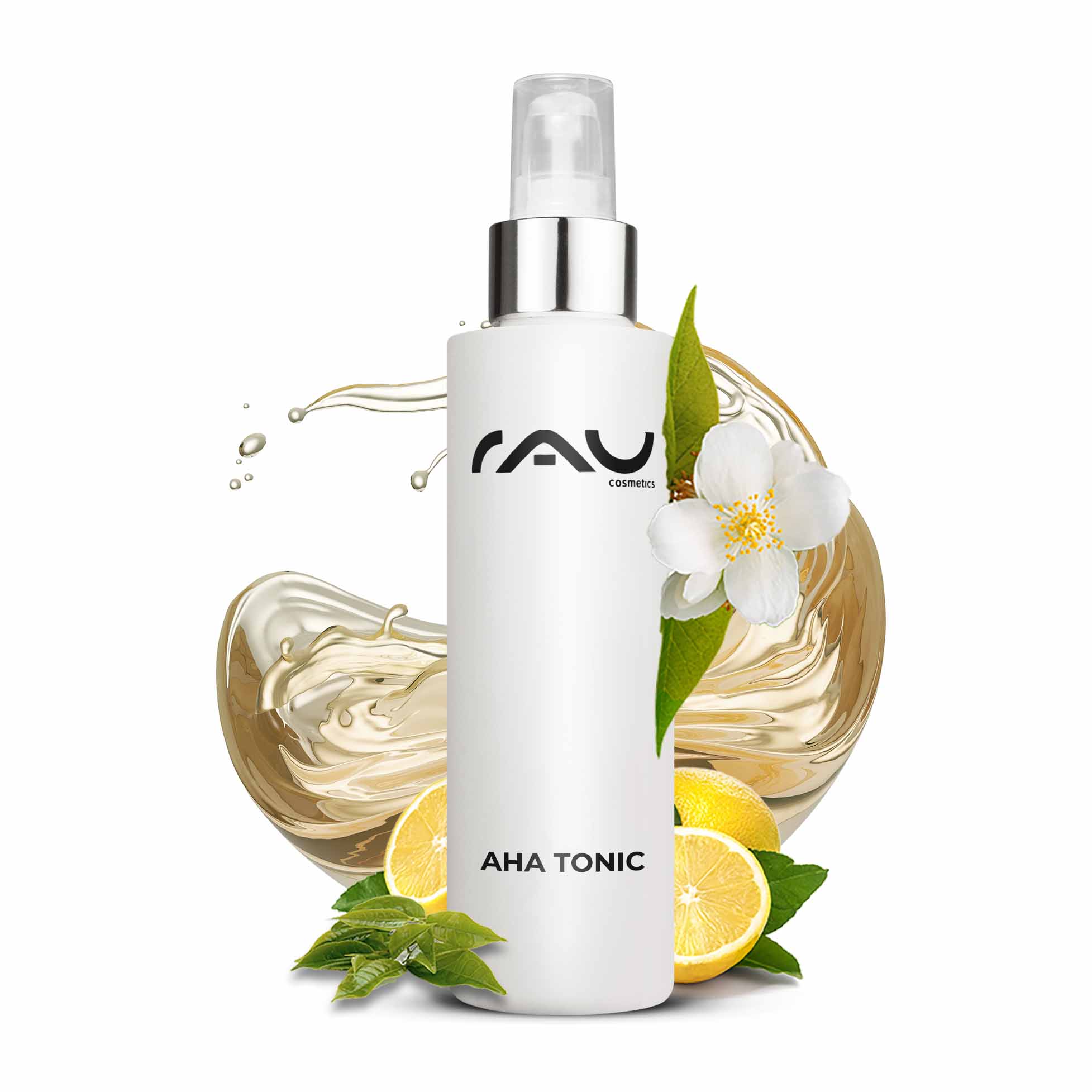 AHA トニック 200ml - エイジングケア効果のある化粧水 AHA Tonic 200-ml-Flasche mit weißem Etikett und RAU-Logo, umgeben von Zitronenscheiben, grünen Blättern und floralen Elementen, die die Vorteile der Hautverjüngung und des Peelings betonen.