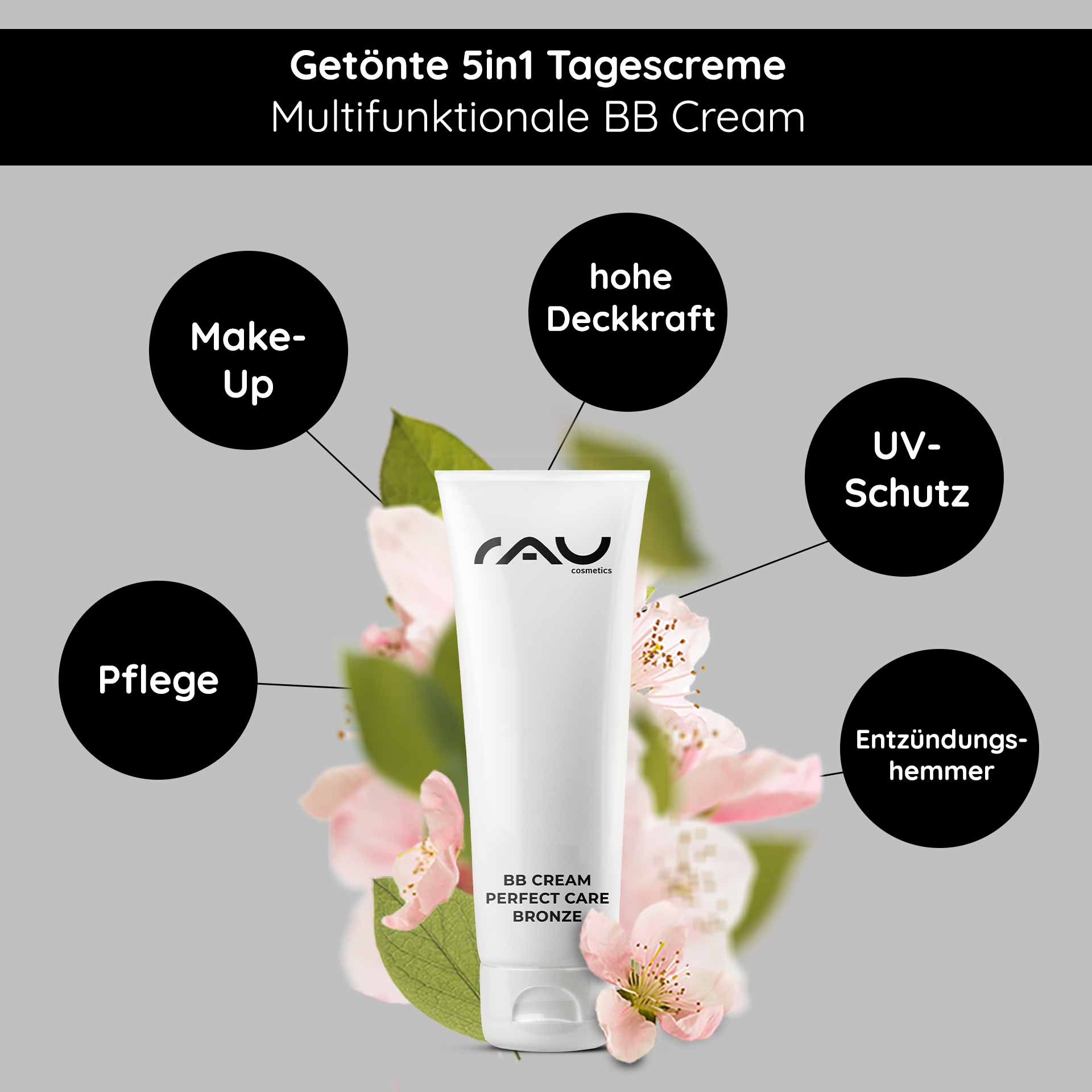 BBクリーム パーフェクトケア ブロンズ 75ml SPF12 メイクアップ & ケア RAU BB Cream Perfect Care Bronzene Tube, umgeben von Blumen, die multifunktionale Vorteile hervorhebt: hohe Deckkraft, UV-Schutz, Hautpflege und entzündungshemmende Eigenschaften.