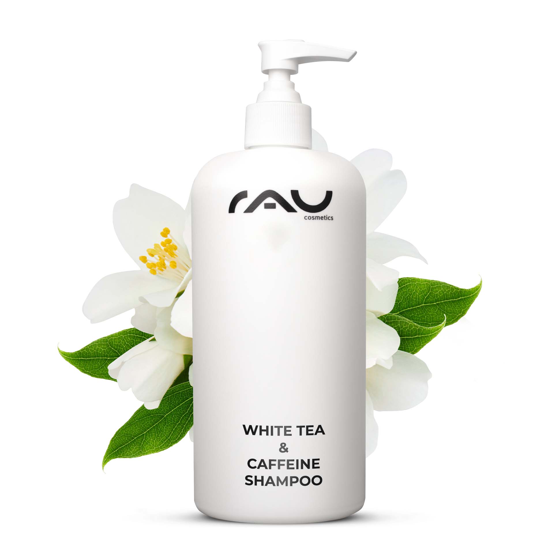 ホワイトティー&シュガービート シャワージェル 500ml シャワージェル Weißes Tee- und Koffein-Shampoo von RAU Cosmetics in einer eleganten Flasche, umgeben von blühenden Pflanzen, symbolisiert intensive Pflege und Frische für gesundes, voluminöses Haar.
