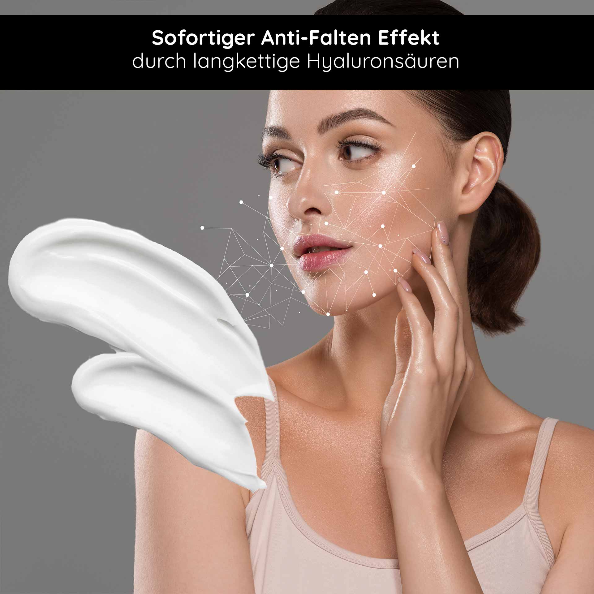 ヒアルロン24hクリーム 50ml ヒアルロンケアクリーム Zarte Gesichtscreme mit sofortigem Anti-Falten-Effekt, Anwendung von langkettigen Hyaluronsäuren, aufgetragen auf das Gesicht einer Frau, die sanft ihre Haut berührt.