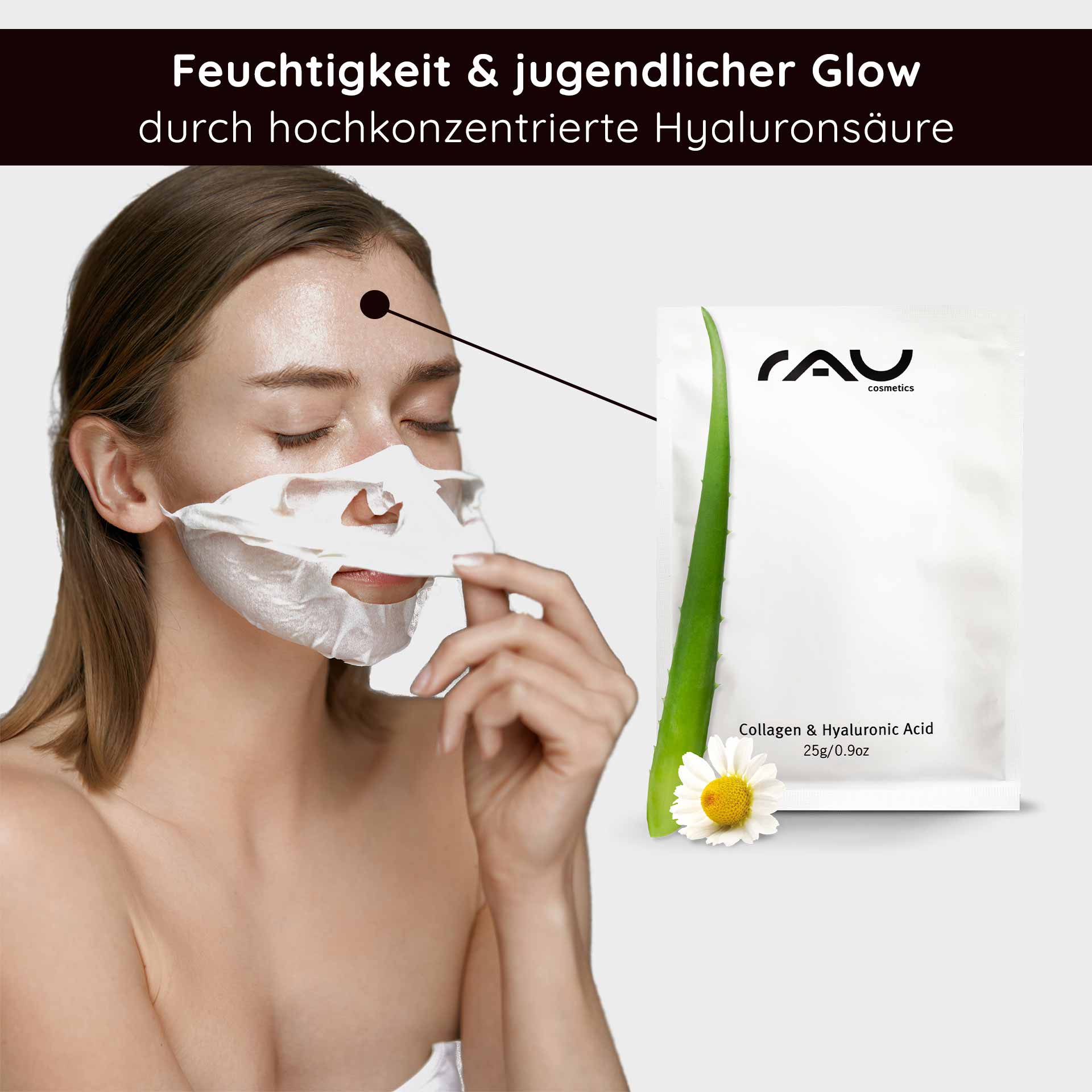 コラーゲン&ヒアルロン酸マスク フリースマスク 10枚入り Frau mit Gesichtsmaske aus Hyaluronsäure und Collagen, die feuchtigkeitsspendende Hautpflege von RAU Cosmetics zeigt, umgeben von Aloe Vera und Kamille.