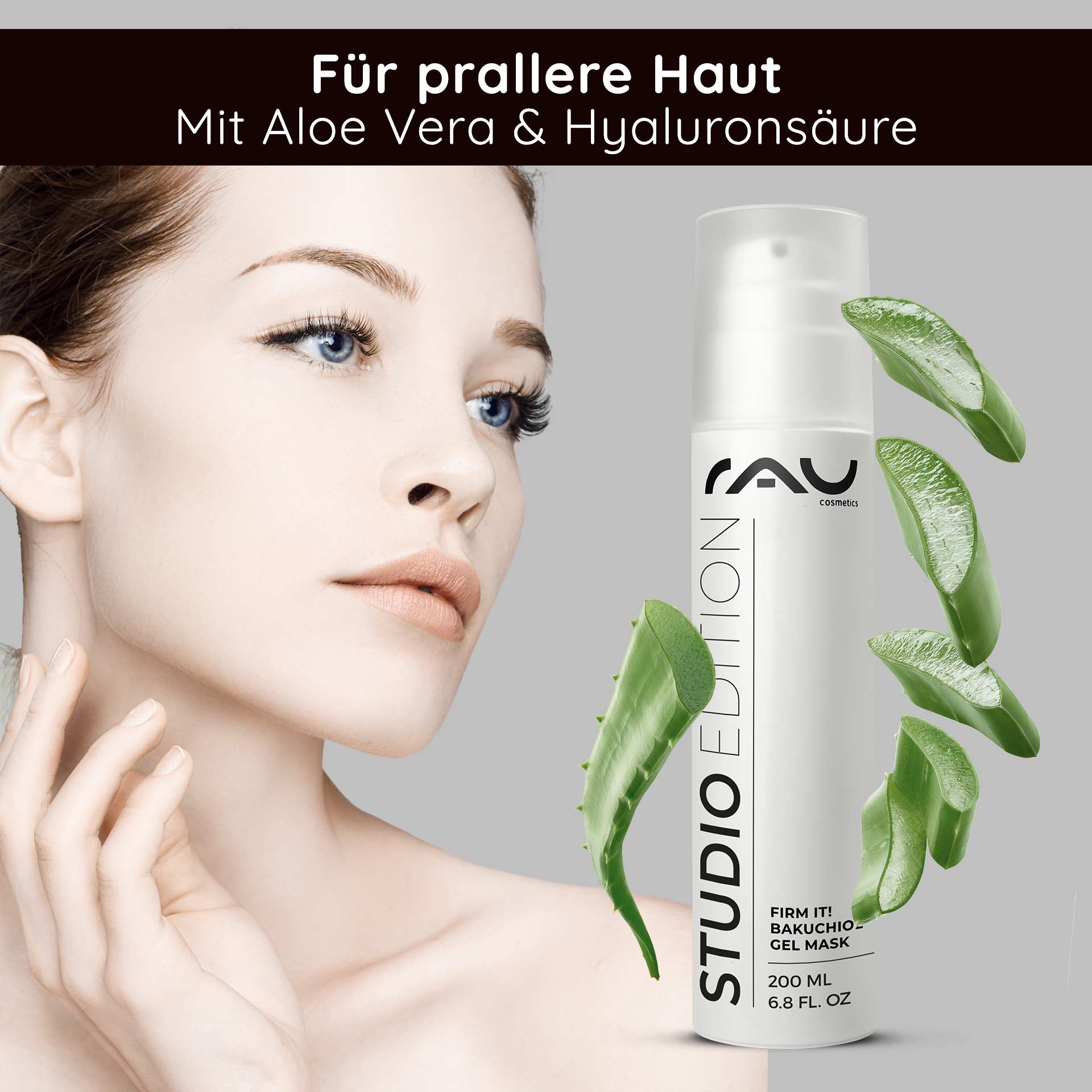 しっかりとバクチオール ジェルマスク 200ml アンチエイジング&モイスチャー Frau mit strahlender Haut und Aloe Vera, präsentiert die RAU Firm it! Bakuchiol Gel Mask, 200 ml, für feuchtigkeitsspendende und hautstraffende Pflege.