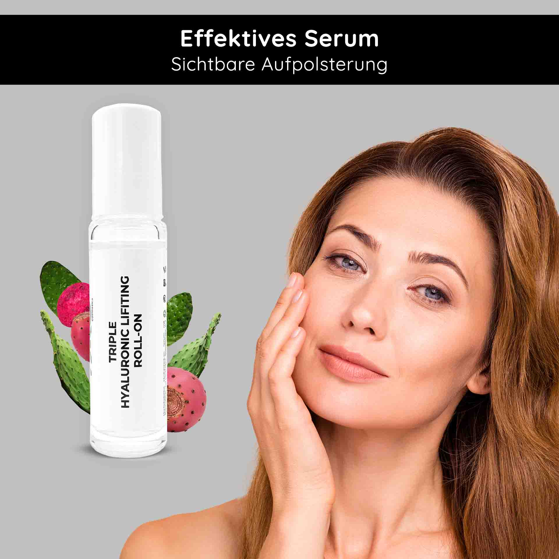 山椒のアンプル 10x2 ml 3倍ヒアルロン酸 Dreifach-Hyaluron-Lifting-Serum-Roll-On 10 ml mit einer Frau, die Serum auf ihr Gesicht aufträgt, umgeben von Kaktusfrüchten, wodurch die effektiven Anti-Aging- und Feuchtigkeitsvorteile hervorgehoben werden.