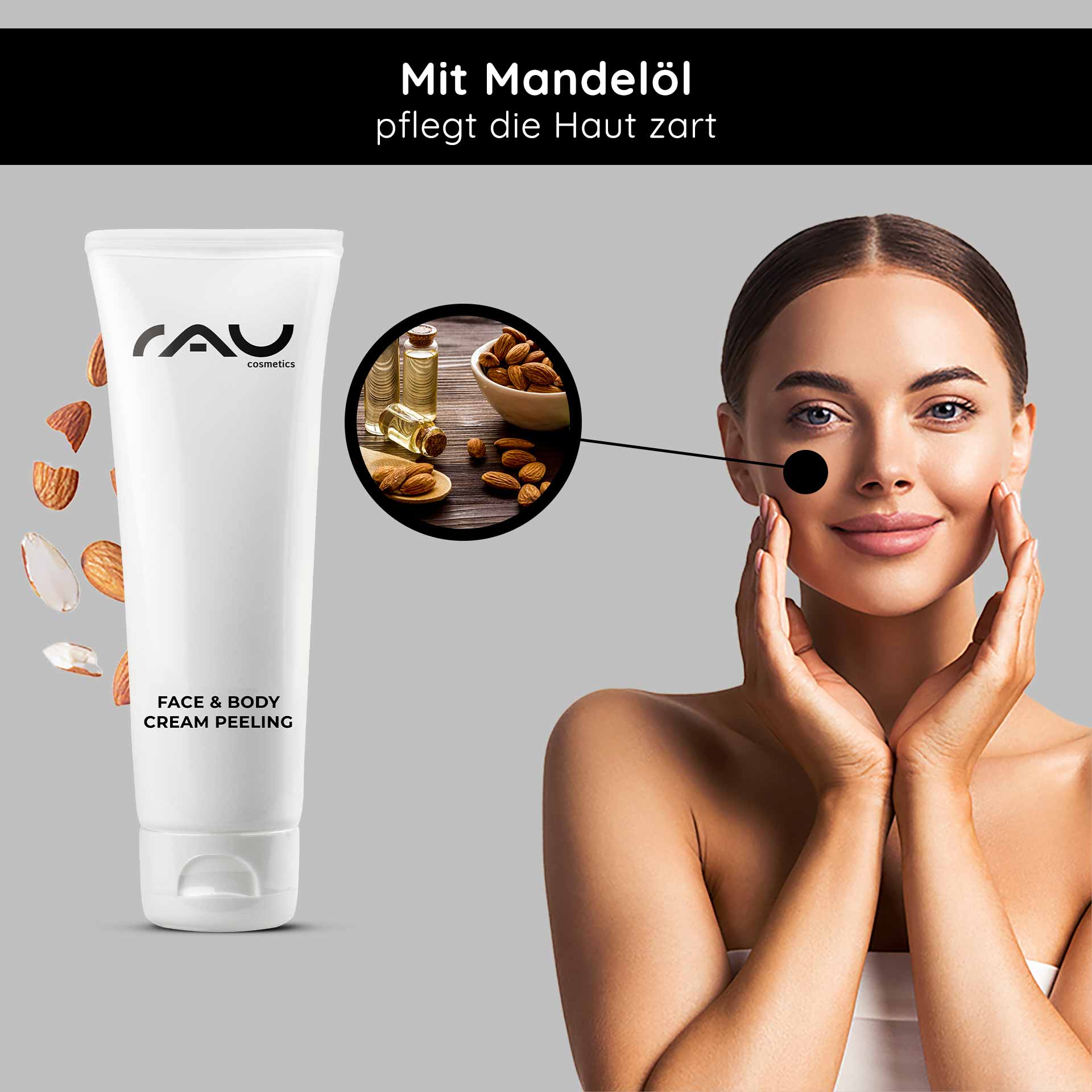 フェイス&ボディ クリームピーリング 75ml メカニカルピーリング RAU Cosmetics Gesichts- und Körpercreme-Peelingtube mit Mandelöl, Frau trägt Produkt auf ihr Gesicht auf, Hautpflegefokus, sanfte Peeling-Vorteile.