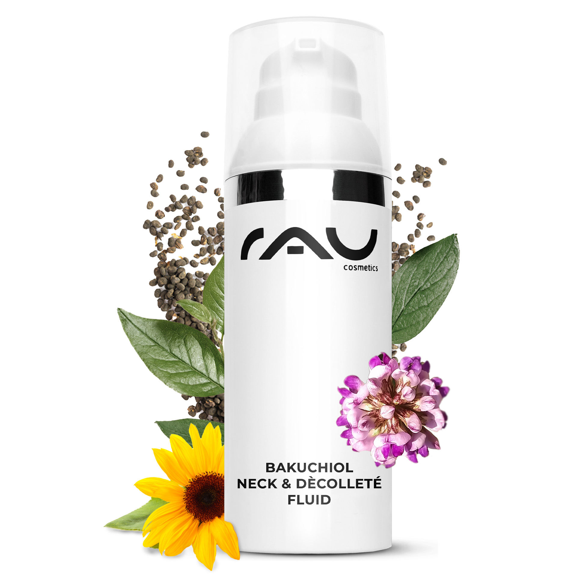 バクチオール ネック&デコルテ フルイド 50ml 首のしわ用ジェル Kräuterig, Pflanze, Blume, Flasche, Shaker