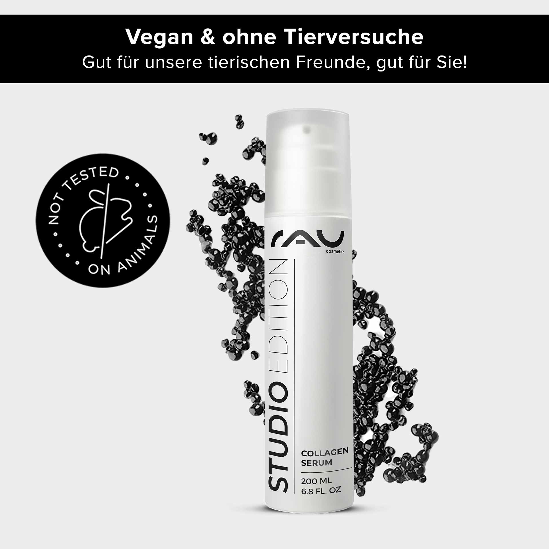 キャビア 24hクリーム 200ml キャビアエキス配合スキンケア RAU Cosmetics Collagen Serum in einer 200-ml-Flasche mit veganem Etikett, schwarzen Blasen und dem Emblem „Nicht an Tieren getestet“, das die Vorteile für die Hautpflege hervorhebt.