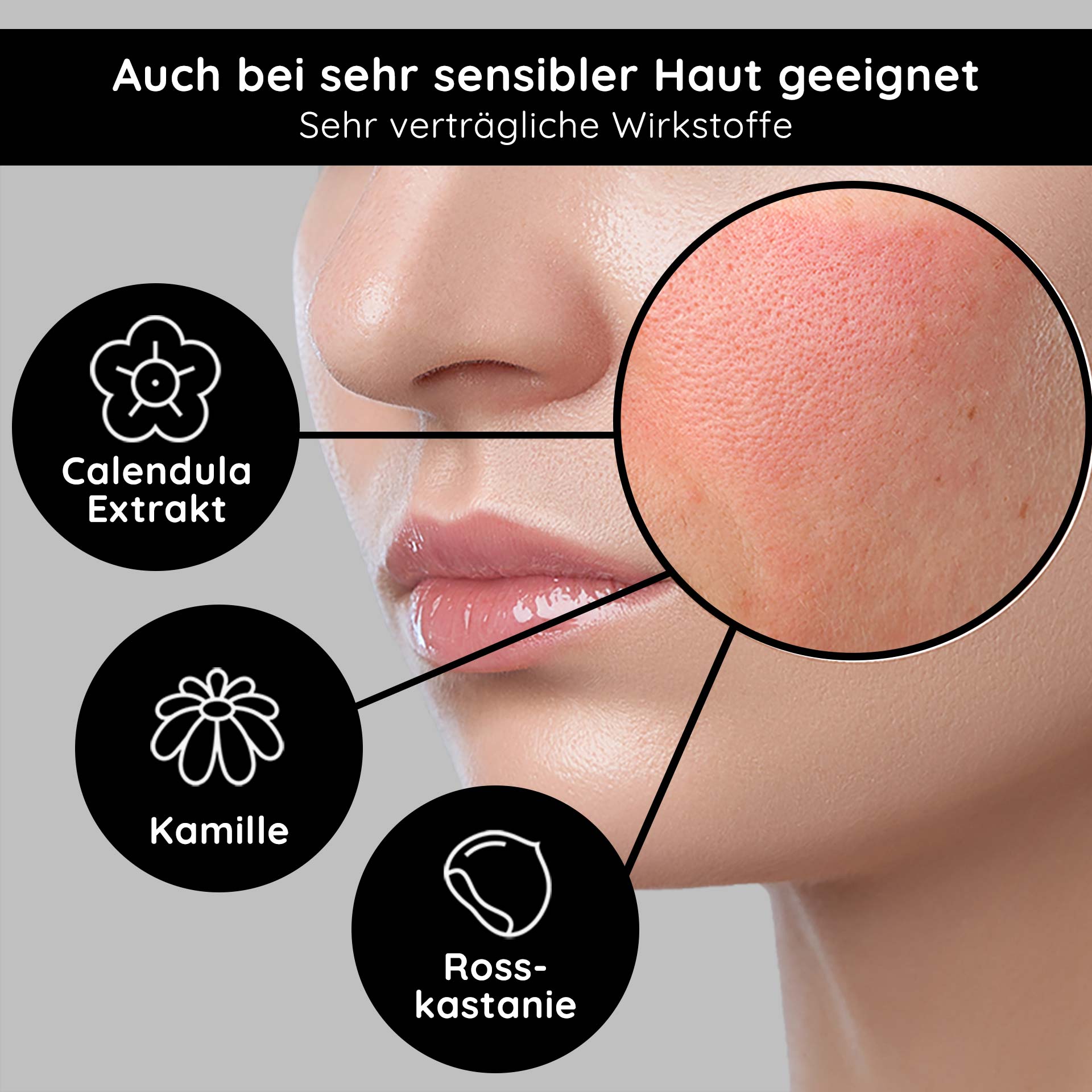 赤ら顔用クーペローズセラム 50ml Gesichtshaut mit sichtbaren Rötungen, hervorgehobene Inhaltsstoffe: Calendula Extrakt, Kamille, Rosskastanie, geeignet für empfindliche Haut.