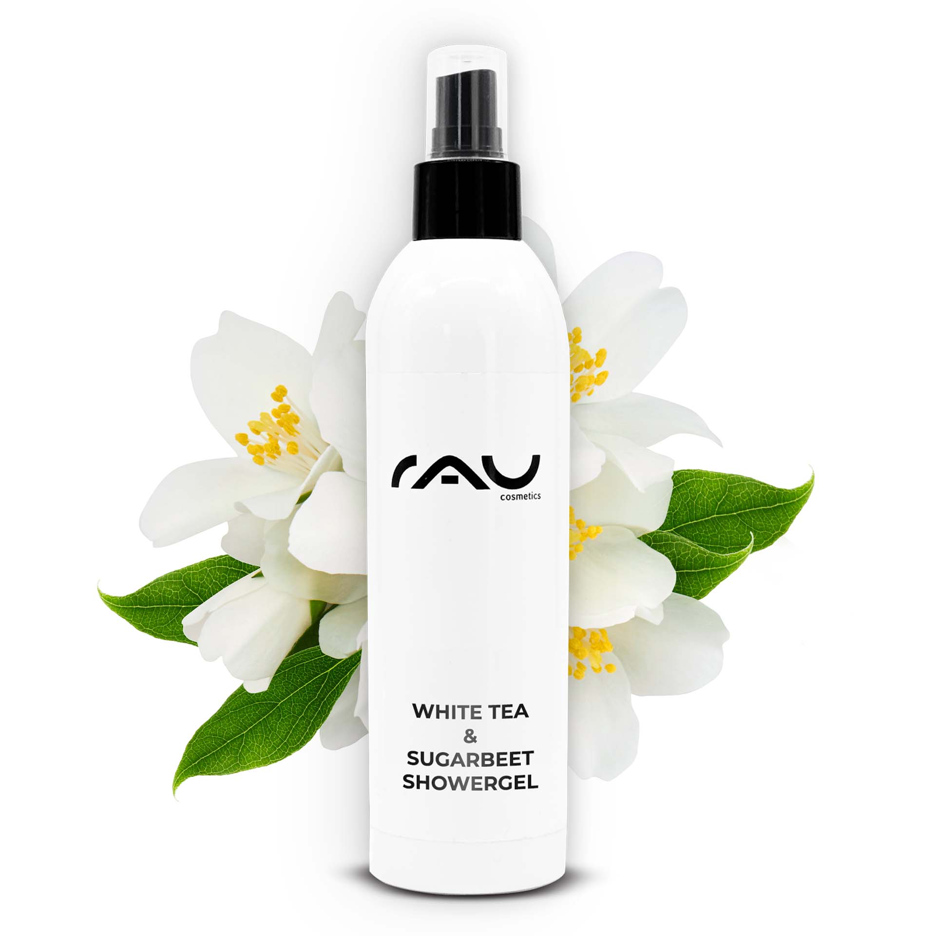 ホワイトティー&シュガービート シャワージェル 500ml シャワージェル Duschgelflasche mit weißem Tee und Zuckerrüben und floralem Hintergrund, die eine sanfte Reinigung und Feuchtigkeitsversorgung für alle Hauttypen fördert, von RAU Cosmetics.
