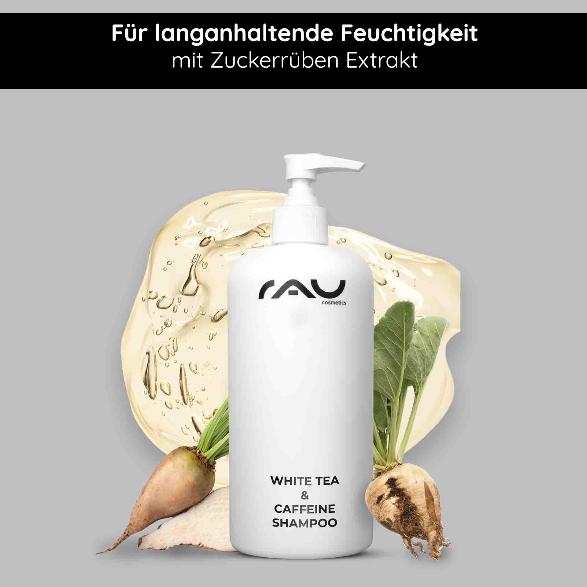 ホワイトティー&シュガービート シャワージェル 500ml シャワージェル Flasche mit White Tea & Caffeine Shampoo mit Pumpe, umgeben von Zuckerrüben- und Weißteeblättern, fördert die Feuchtigkeitsversorgung und Kopfhautpflege, ganz im Sinne des Fokus von RAU Cosmetics auf wirksame Lösungen für die Haargesundheit.
