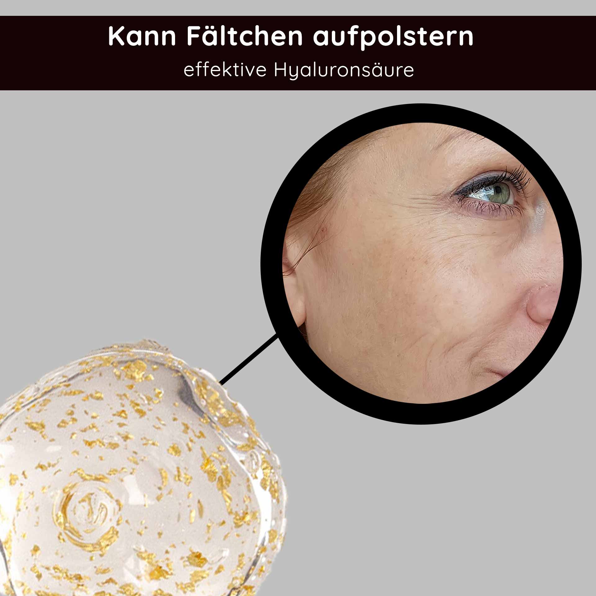 ゴールデン・ヒアルロン・ジェル 50ml 23金配合アンチエイジング・ジェル Goldenes Hyalurongel mit 23 Karat Gold, das seine Anti-Aging-Eigenschaften und seine Wirksamkeit beim Aufpolstern feiner Linien hervorhebt, neben einer Nahaufnahme der Verbesserung der Hautstruktur.