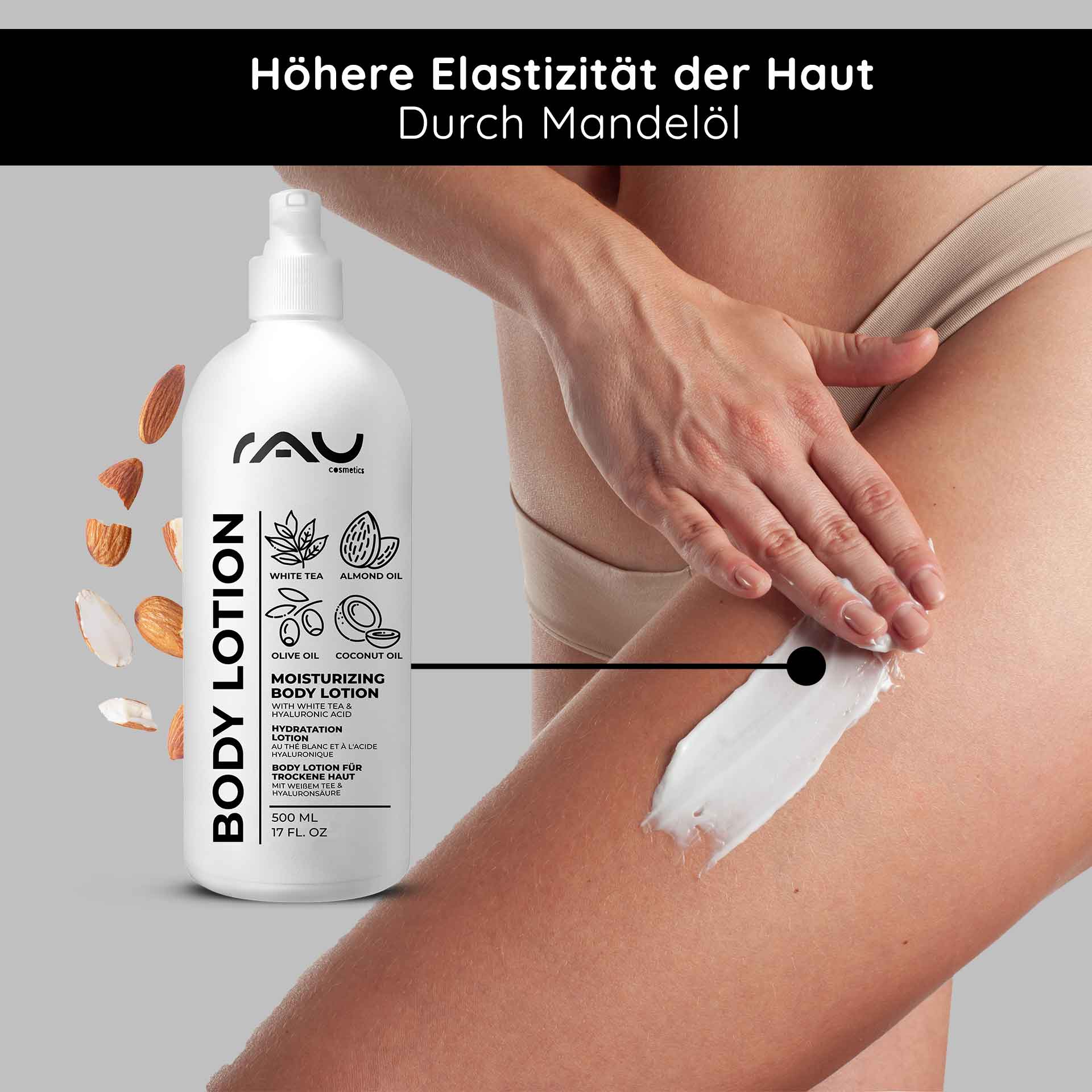 乾燥肌用ボディローション 500ml ヒアルロン、白茶、尿素配合 Flasche der RAU Cosmetics White Tea Body Lotion mit Feuchtigkeitscreme zum Auftragen auf die Haut, mit Inhaltsstoffen wie Mandelöl und Kokosöl, die die Hautelastizität und Feuchtigkeitsversorgung trockener Haut fördern.