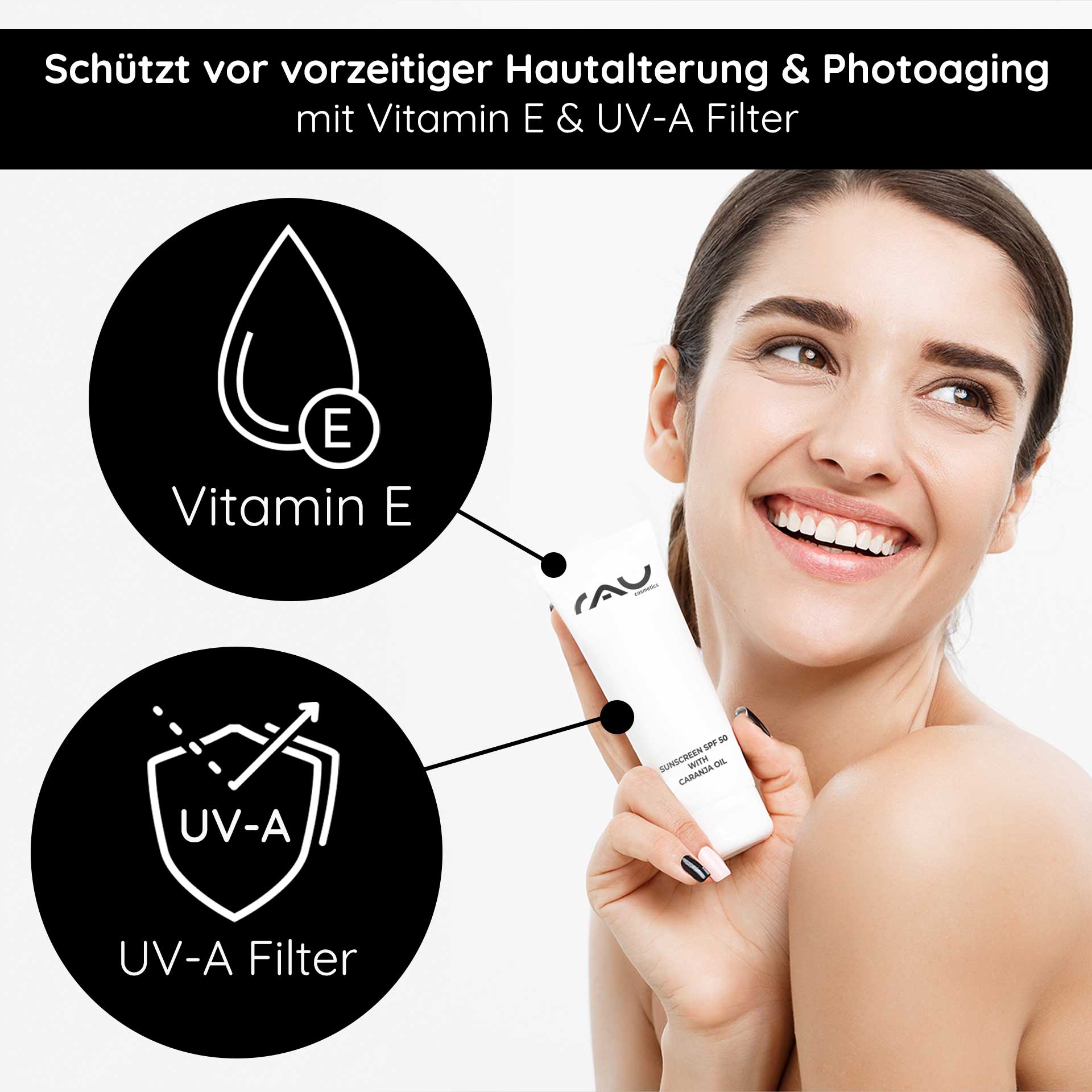 オーガニック カランジャオイル配合 日焼け止め SPF50 75ml - 日焼け止め Sonnenschutzprodukt mit Lichtschutzfaktor 50, Vitamin E und UV-A-Filter, gehalten von einer lächelnden Frau, die die Vorteile der Anti-Aging-Hautpflege demonstriert.