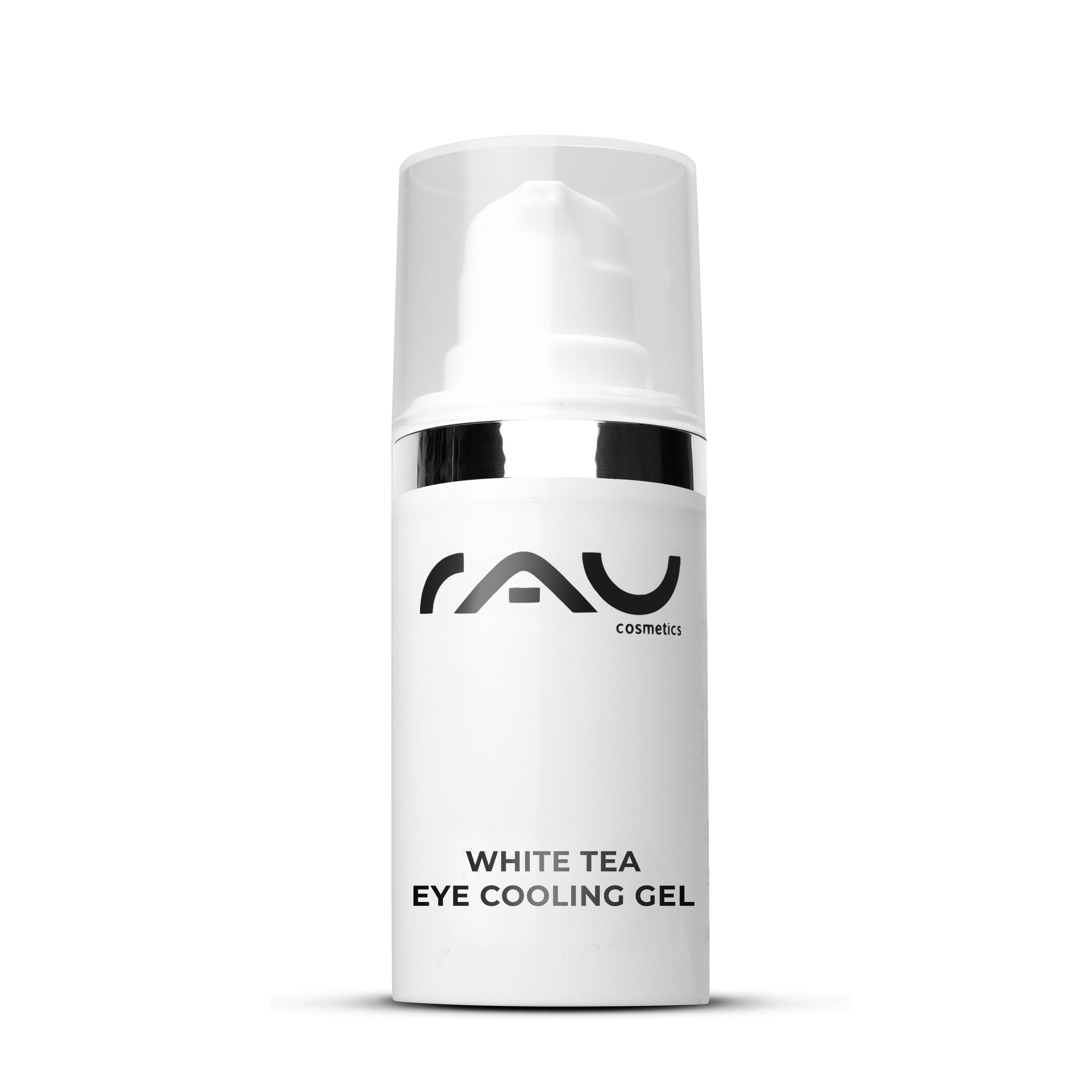 ホワイトティー アイ クーリング ジェル 30ml アンチエイジング アイケア RAU Cosmetics White Tea Eye Cooling Gel 15 ml, Anti-Aging-Augencreme zur Reduzierung von Augenringen und Schwellungen, in einer eleganten weißen Flasche mit Pumpspender.