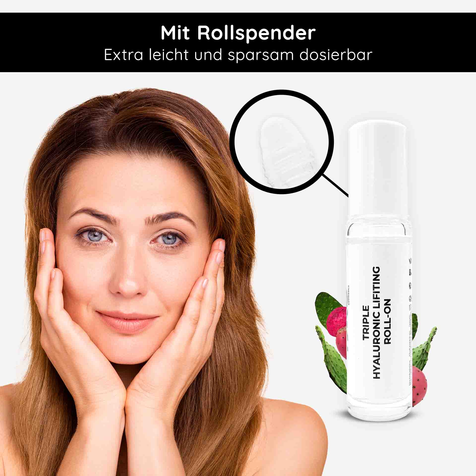 山椒のアンプル 10x2 ml 3倍ヒアルロン酸 Frau mit glattem Teint und Händen im Gesicht, präsentiert Triple Hyaluronic Lifting Roll-On, Anti-Aging-Serum mit Rollspender, für tiefgehende Feuchtigkeitspflege.