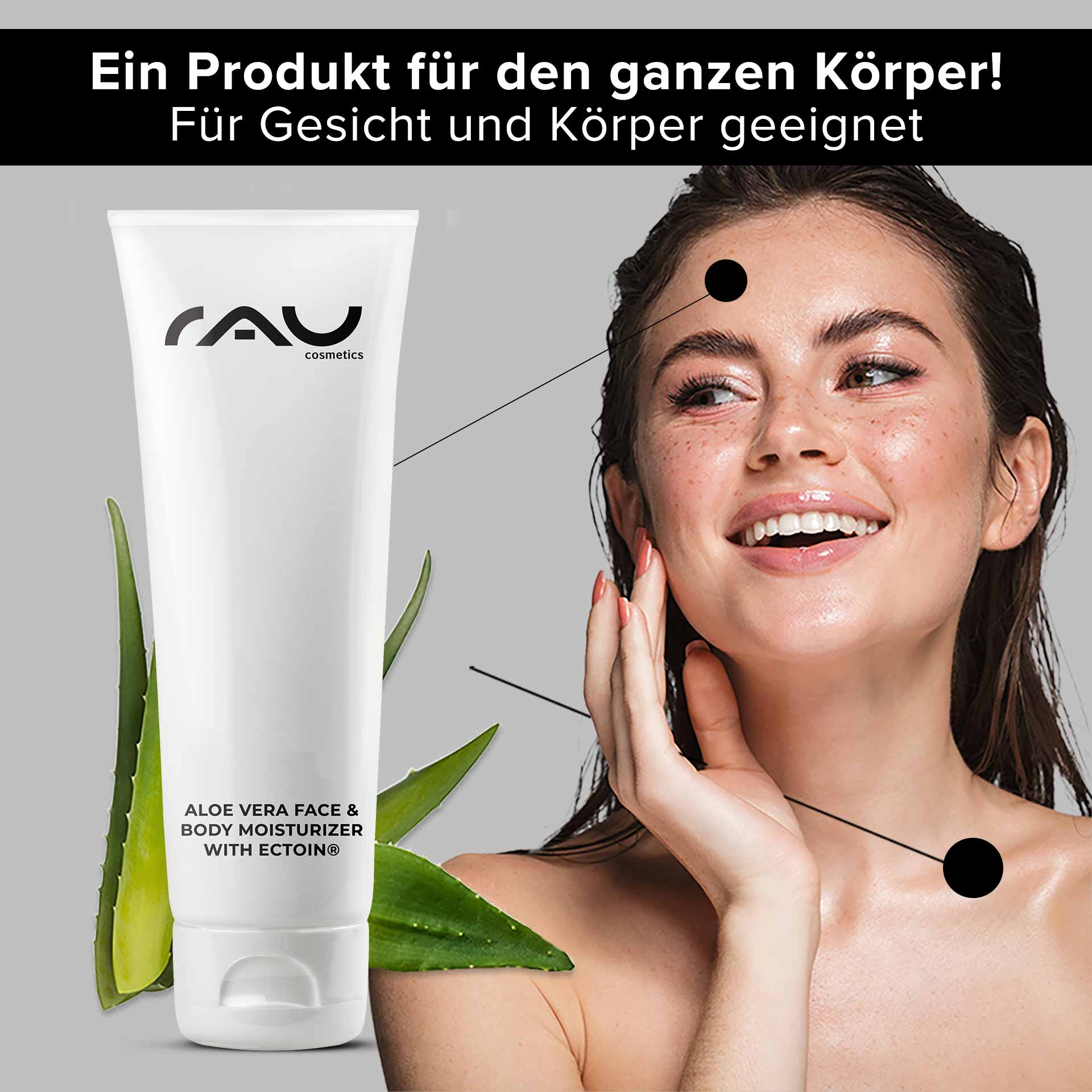 アロエベラ フェイス&ボディ モイスチャライザー エクトイン®配合 75ml Aloe Vera-Feuchtigkeitscreme für Gesicht und Körper mit Ectoin®-Tube neben einer lächelnden Frau, die Feuchtigkeitscreme auf ihr Gesicht aufträgt und die Vorteile der Feuchtigkeitsversorgung für alle Hauttypen hervorhebt.