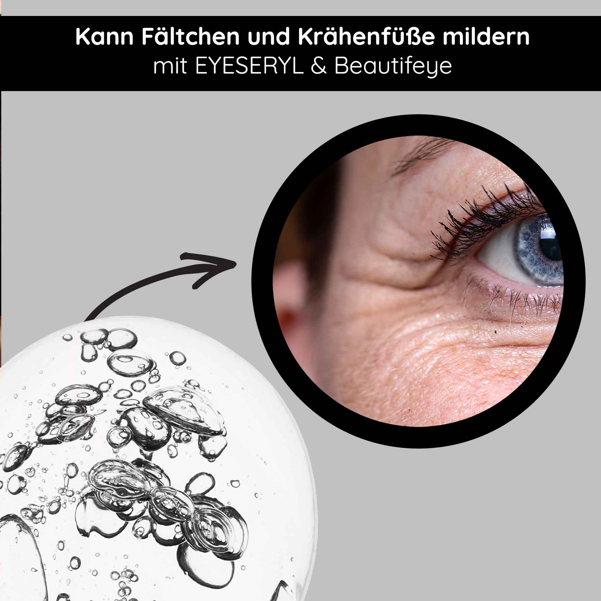 アイ リフティング ロールオン 10ml Augenpflegeprodukt mit EYESERYL und Beautifeye zur Milderung von Fältchen und Krähenfüßen, zeigt Hautpartie mit feinen Linien und Augenbereich.