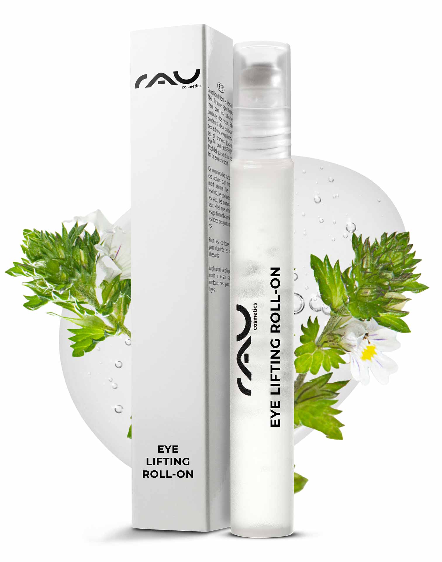 アイ リフティング ロールオン 10ml RAU Eye Lifting Roll-On-Verpackung mit Produktetikett, mit elegantem Design und pflanzlichen Elementen, die die Anti-Aging-Vorteile für die Augenpartie hervorheben.