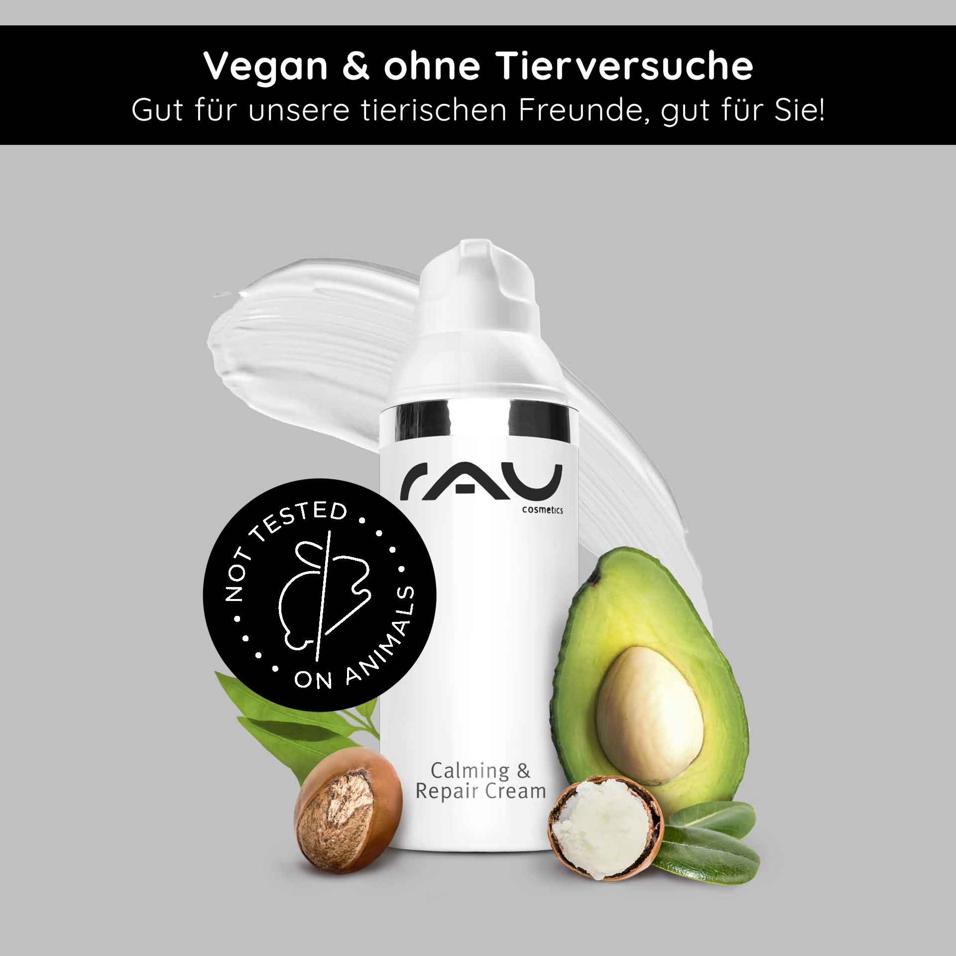カーミング&リペアクリーム 50ml 肌を落ち着かせる Flasche der RAU Cosmetics Calming & Repair Cream mit Avocado- und Sheabutter, mit dem Etikett „Vegan & nicht an Tieren getestet“, entwickelt zur Beruhigung empfindlicher Haut.