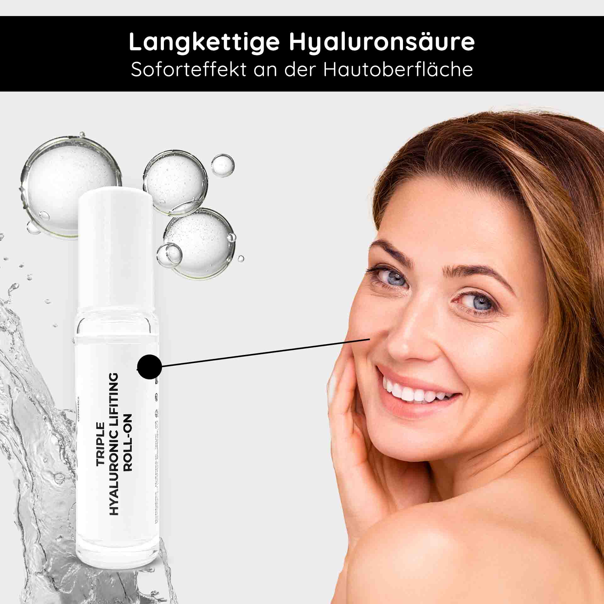 山椒のアンプル 10x2 ml 3倍ヒアルロン酸 Triple Hyaluronic Lifting Roll-On 10 ml mit Hyaluronsäure und feuchtigkeitsspendender Wirkung, lächelnde Frau, die ihr Gesicht berührt und so die Anti-Aging-Wirkung der Hautpflege fördert.
