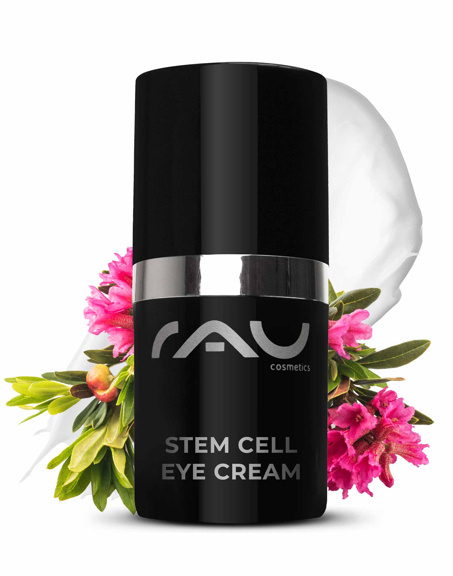 アイクリーム 15ml アンチエイジング アイクリーム RAU Stem Cell Eye Cream in eleganter schwarzer Verpackung mit silbernen Akzenten, umgeben von rosa Blumen, die die Anti-Aging-Vorteile für die empfindliche Haut um die Augen betonen.