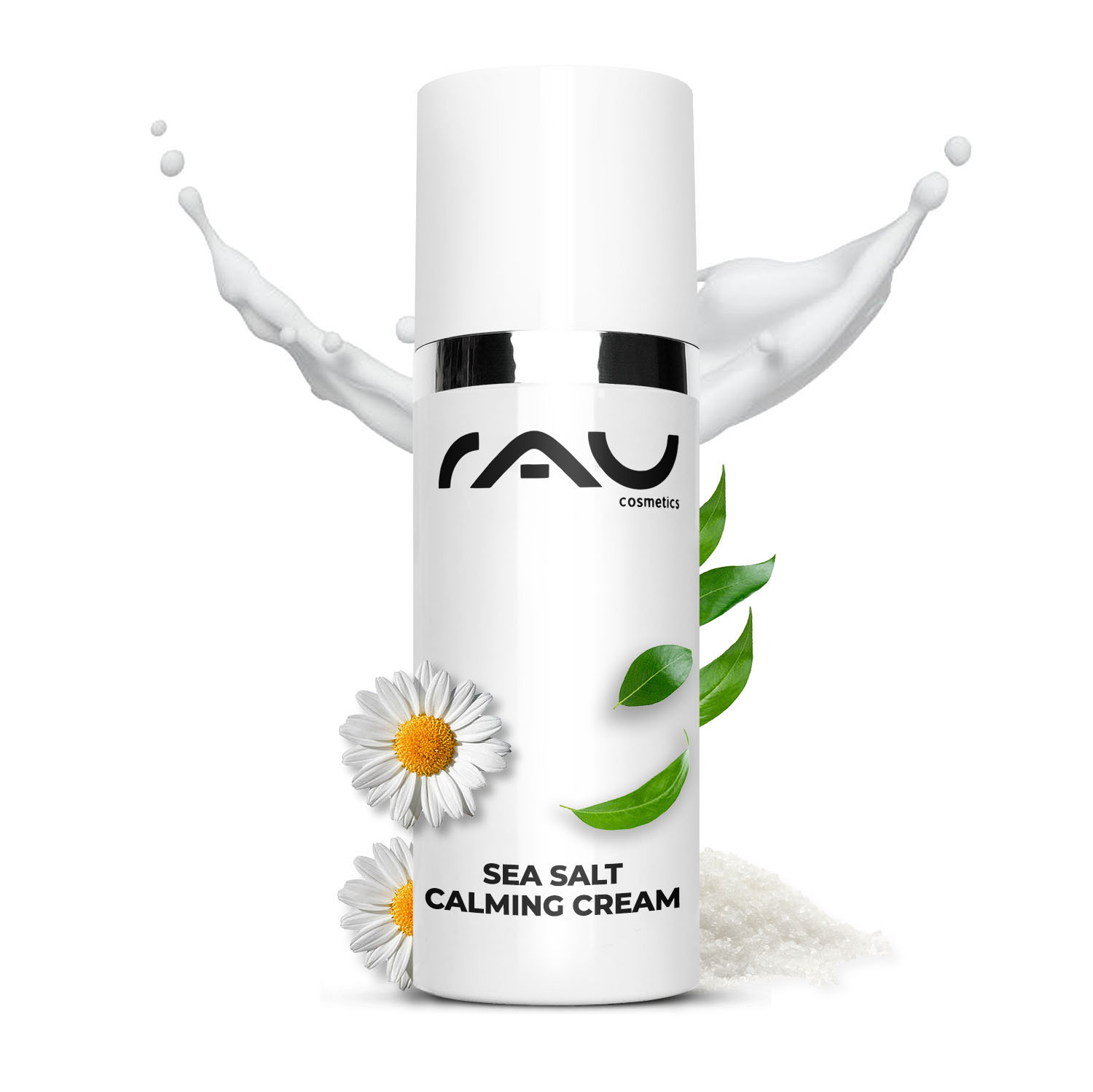 シーソルト カーミングクリーム 50ml フェイスクリーム シーソルト配合 Flasche der RAU Sea Salt Calming Cream mit Kamillenblüten, Meersalz und grünen Blättern, die die beruhigenden und feuchtigkeitsspendenden Eigenschaften für empfindliche Haut betont.