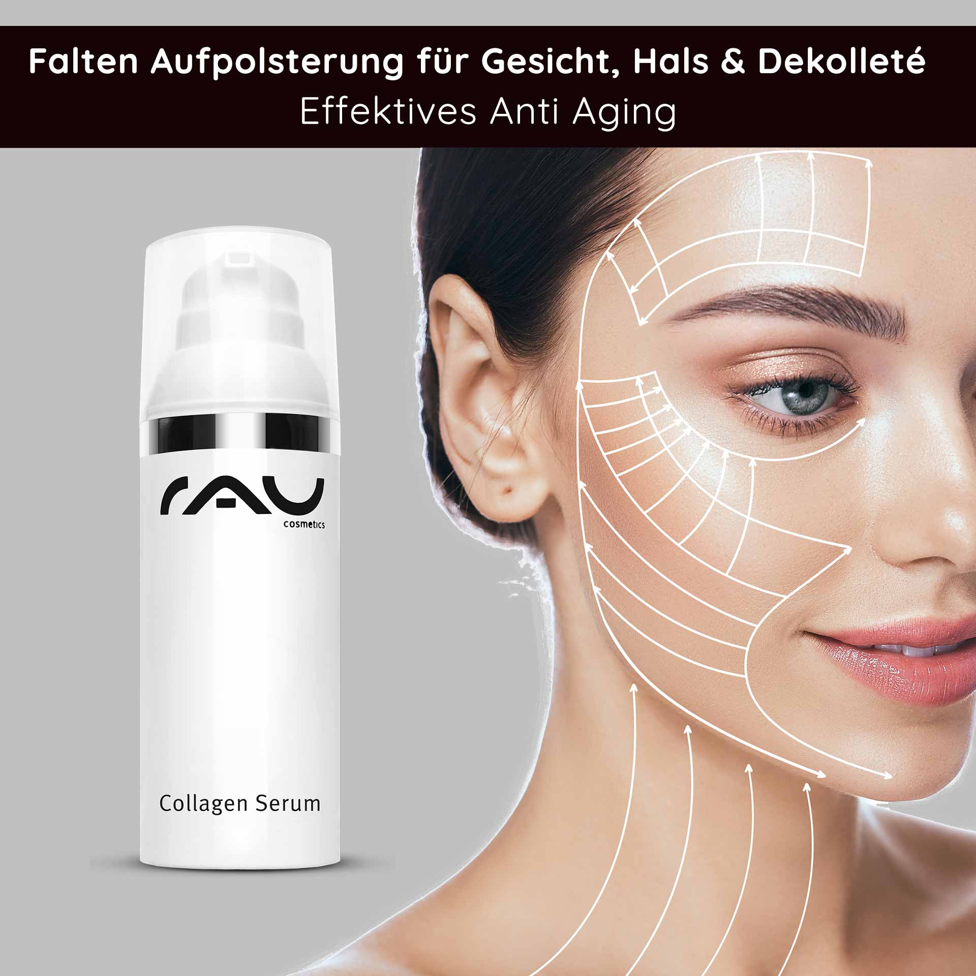 コラーゲン・セラム 50ml トリラーゲン配合エイジングケア美容液 Collagen Serum von RAU Cosmetics mit Faltenaufpolsterung für Gesicht, Hals und Dekolleté, Anti-Aging Wirkung, Anwendungshinweise und Hautpflegegrafik.