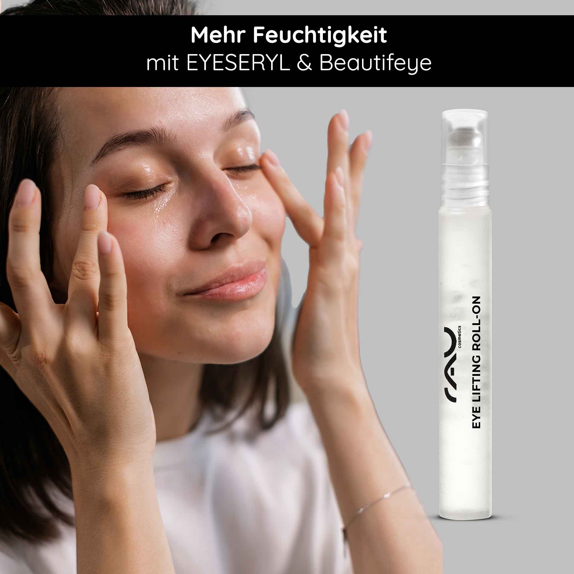 アイ リフティング ロールオン 10ml Frau mit frischem Teint, die den RAU Cosmetics Eye Lifting Roll-On anwendet, zur Bekämpfung von Augenringen und Falten, betont durch die Inhaltsstoffe EYESERYL und Beautifeye.