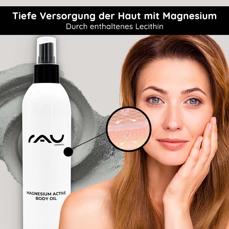 Magnesium Active Body Oil 250 ml - LIMITED EDITION Flasche Magnesium Active Body Oil mit RAU Cosmetics-Branding, Frau trägt Öl auf ihr Gesicht auf und betont die Vorteile der Hautfeuchtigkeit durch Lecithin vor einem sanften grauen Hintergrund.