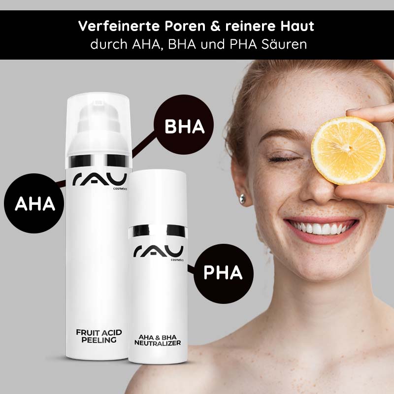 Fruit Acid Peeling 100 ml Fruchtsäurepeeling mit BHA Fruchtsäurepeeling von RAU Cosmetics mit AHA, BHA und PHA, lächelnde Frau mit Zitrone, verfeinerte Poren und reine Haut.