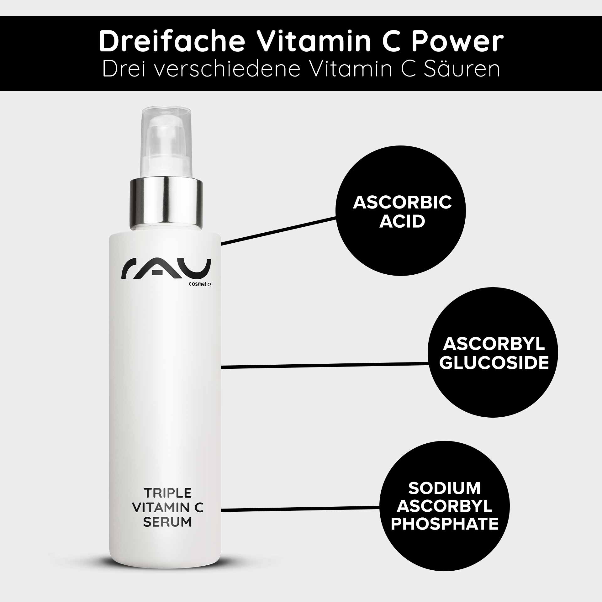 トリプルビタミンCセラム 100ml ビタミンC 11%配合 Flasche mit RAU Cosmetics Triple Vitamin C Serum, beschriftet mit drei verschiedenen Vitamin C Säuren: Ascorbinsäure, Ascorbylglucosid und Natriumascorbylphosphat.