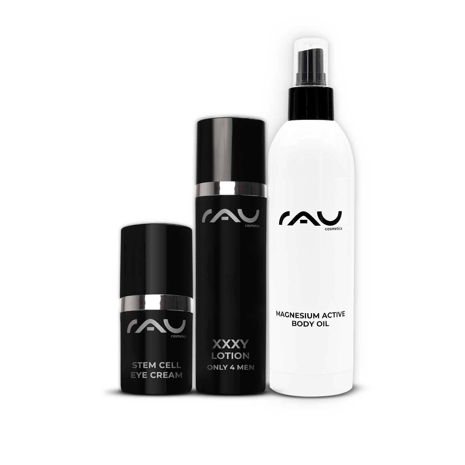 Magnesium Active Body Oil, XXXY Lotion und Stem Cell Eye Cream von RAU Cosmetics präsentieren die wichtigsten Hautpflegeprodukte für Männer zur Regeneration, Feuchtigkeitsversorgung und Anti-Aging.