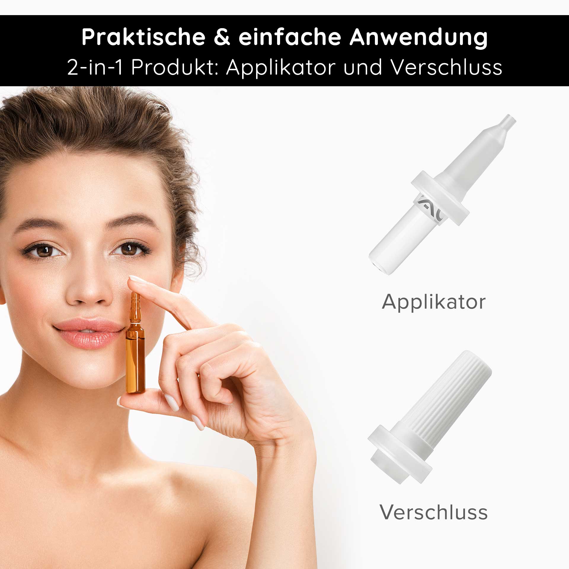 アンプルアプリケーター 2mlアンプル Frau mit braunen Haaren hält eine braune Ampulle und zeigt auf ihr Gesicht, 2-in-1 Applikator und Verschluss für RAU Cosmetics hochkonzentrierte Hautpflegeampullen.