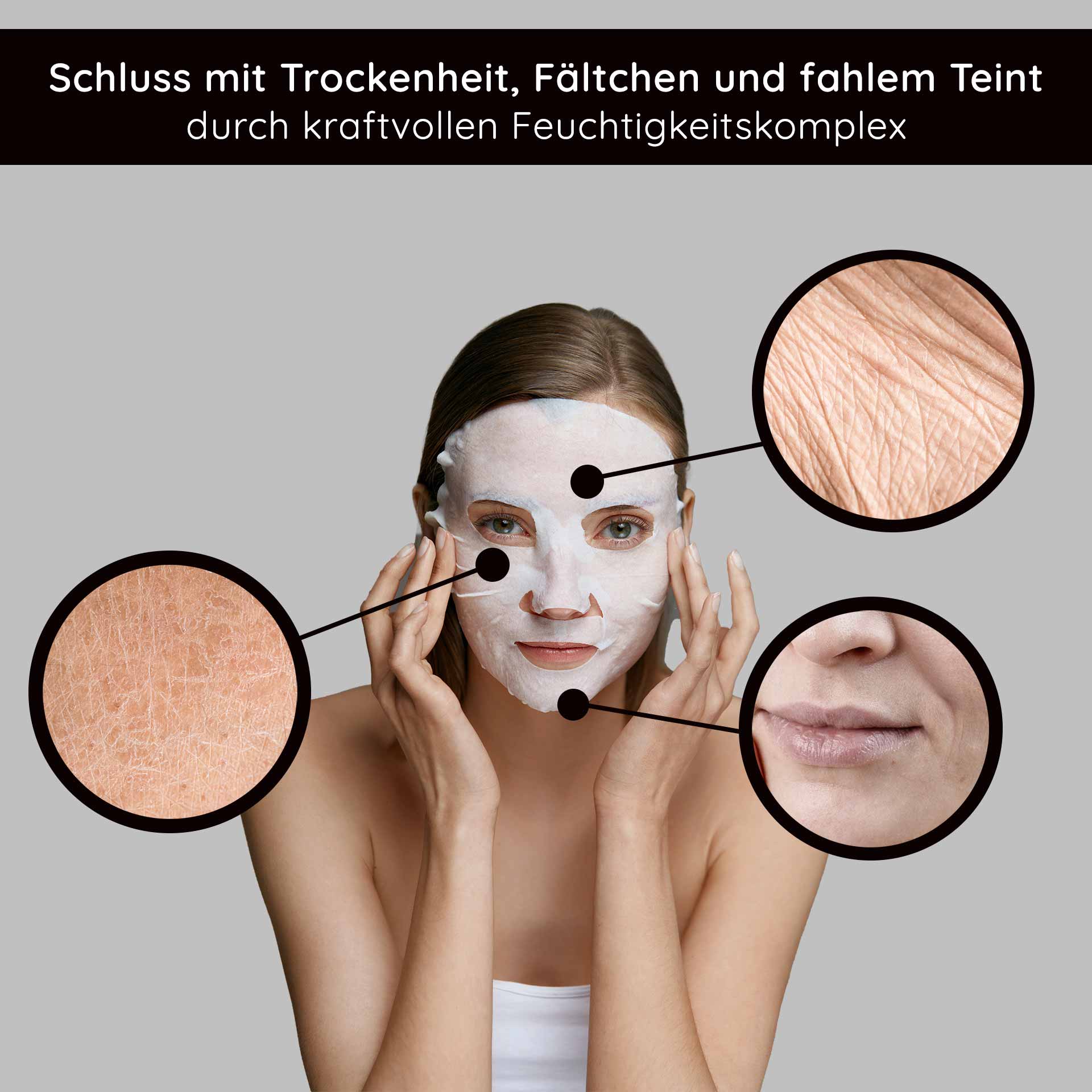 コラーゲン&ヒアルロン酸マスク フリースマスク 10枚入り Frau mit Gesichtsmaske, die Trockenheit, Fältchen und fahlem Teint bekämpft, umgeben von Hauttexturen zur Veranschaulichung der Wirkung des Feuchtigkeitskomplexes.