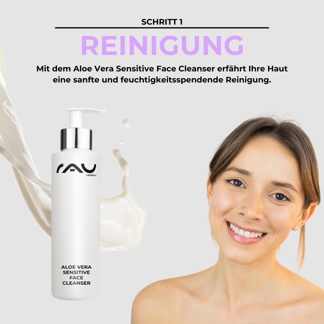 敏感肌のためのプロフェッショナル・ケア・ルーチン Aloe Vera Sensitive Face Cleanser von RAU Cosmetics mit einer lächelnden Frau, die die sanfte und feuchtigkeitsspendende Reinigung empfindlicher Haut betont, den ersten Schritt in der professionellen Hautpflegeroutine.