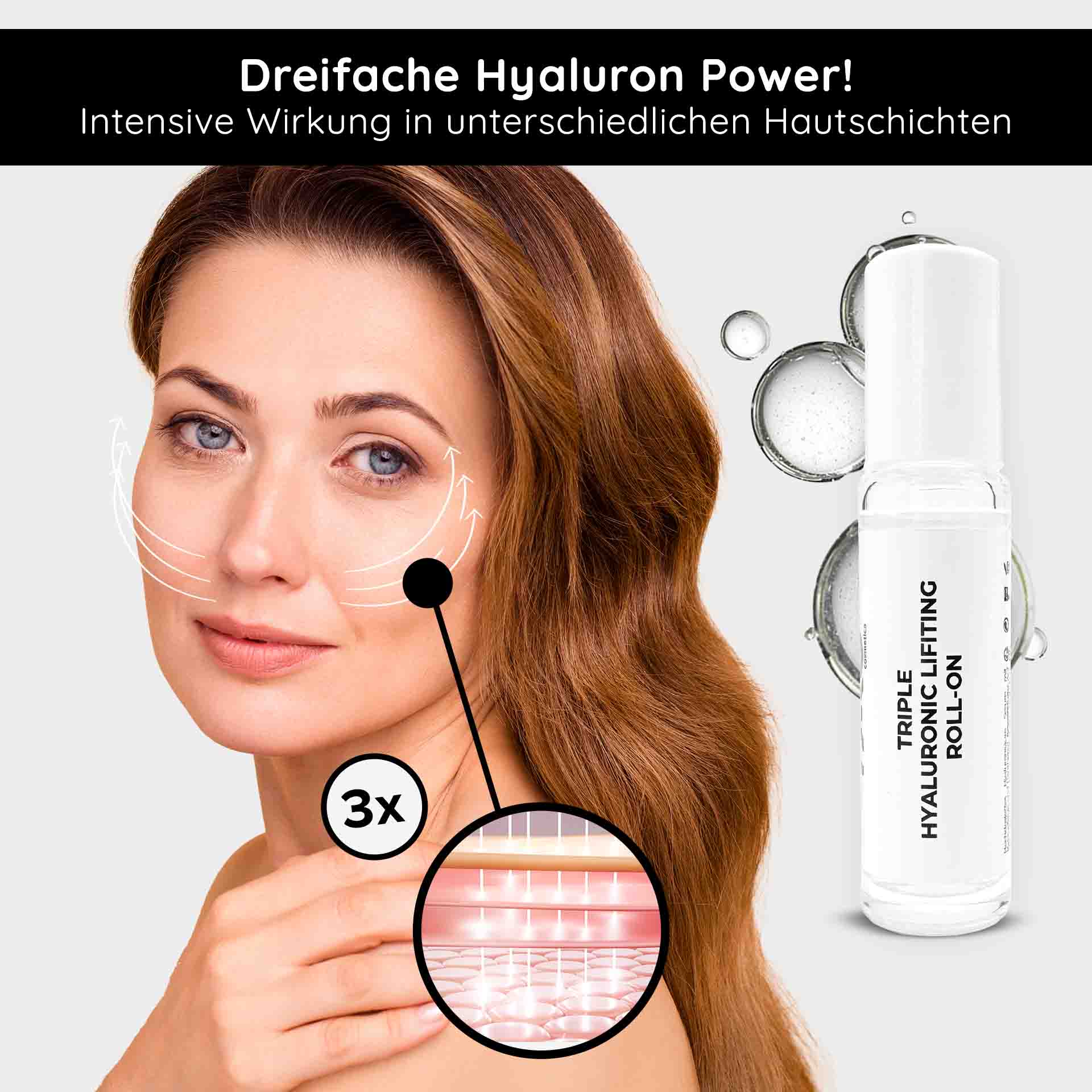 山椒のアンプル 10x2 ml 3倍ヒアルロン酸 Dreifaches Hyaluron Power! Frau mit glatter Haut, Roll-On-Flasche des Triple Hyaluronic Lifting Serums, Diagramm zeigt intensive Wirkung in unterschiedlichen Hautschichten.