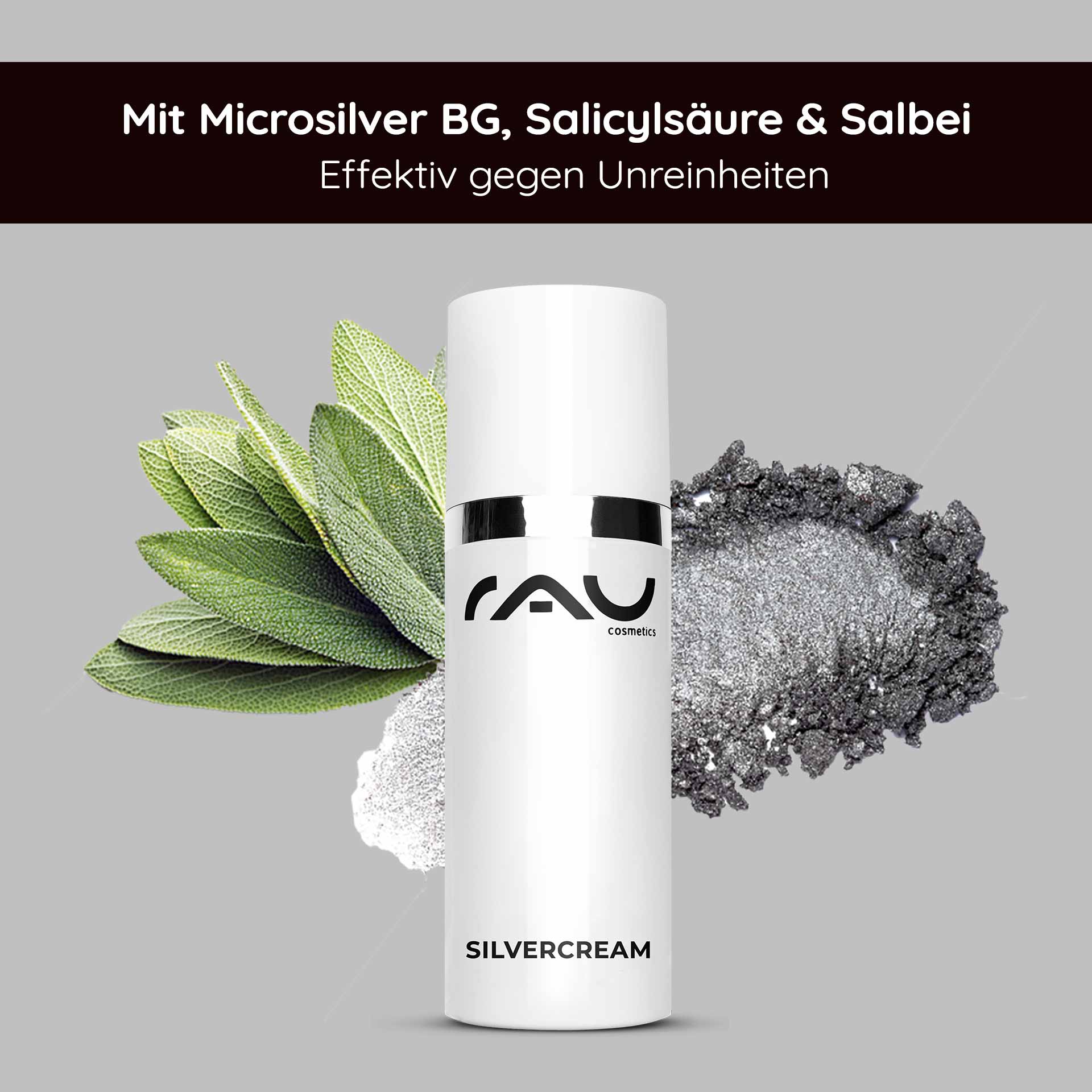 Silvercream 50 ml - Silver Repaircream gegen Pickel bei Unreinheiten Verpackung der RAU Silvercream mit Mikrosilber, Salicylsäure und Salbei zur Behandlung von Hautunreinheiten auf grauem Hintergrund.