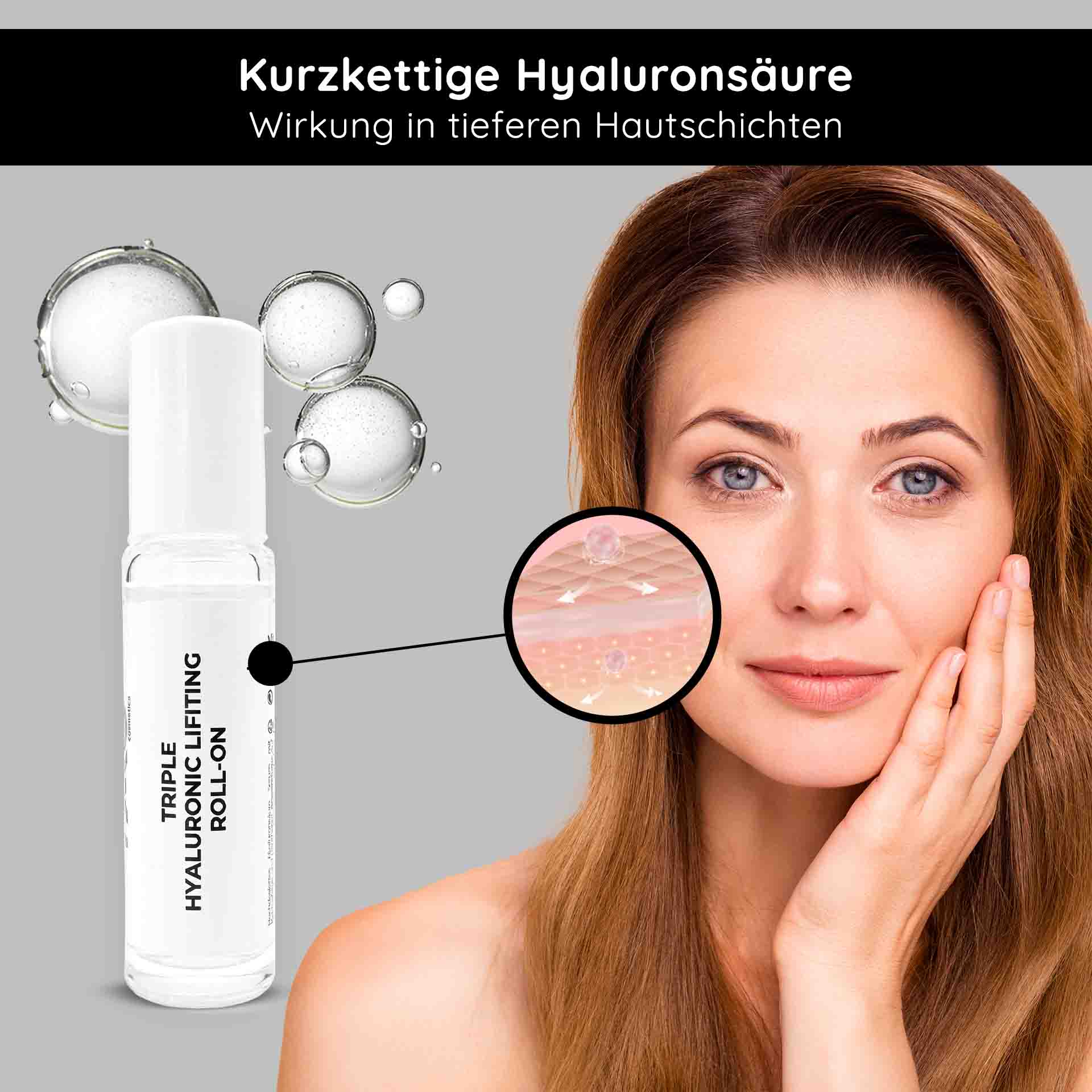 山椒のアンプル 10x2 ml 3倍ヒアルロン酸 Roll-On mit dreifachem Hyaluron-Lifting-Serum mit Hyaluronsäure-Kügelchen und einer Frau, die das Serum auf ihr Gesicht aufträgt und dabei die tiefe Feuchtigkeitsversorgung der Haut und die Anti-Aging-Wirkung betont.