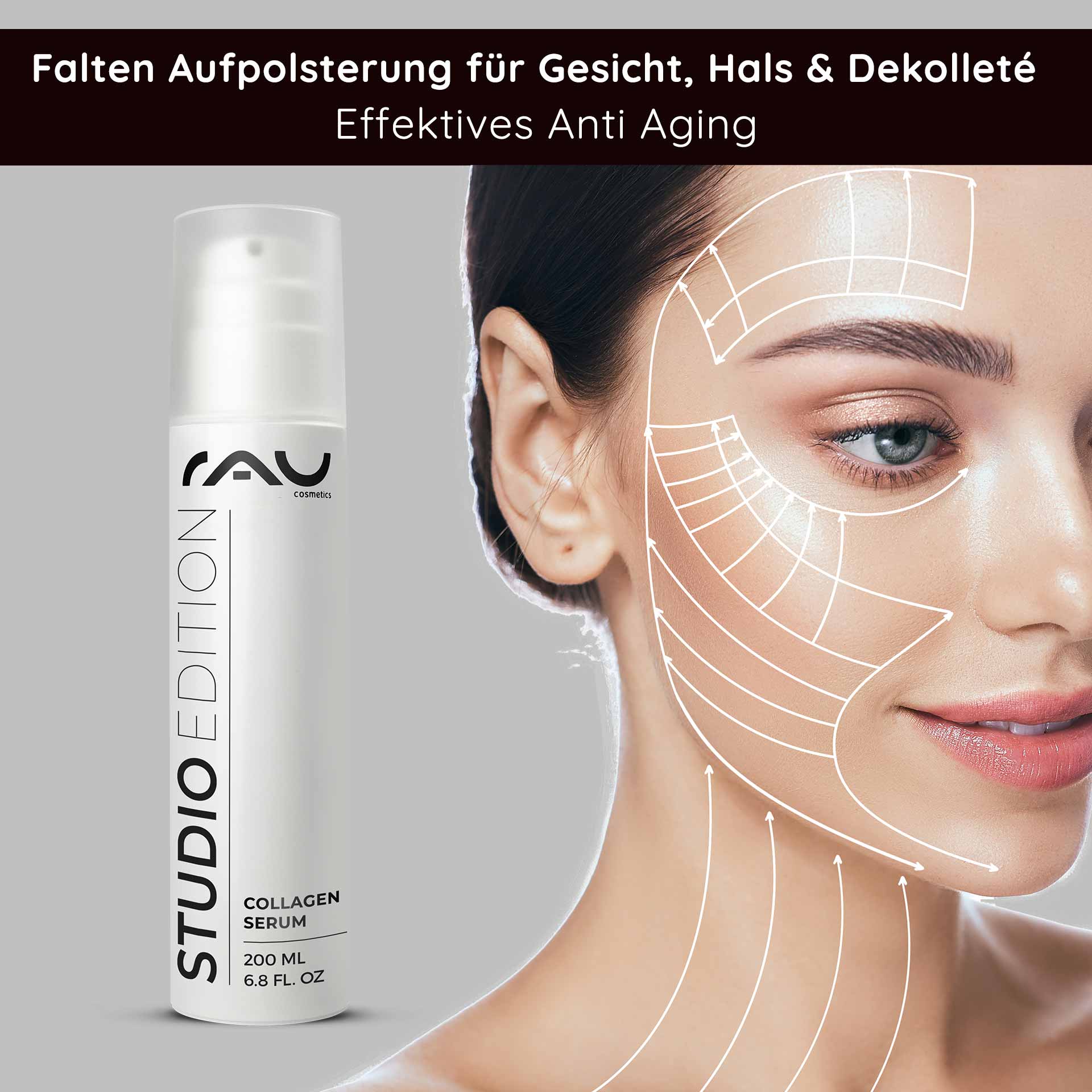 コラーゲン美容液 200ml トリラーゲン配合エイジングケア美容液 Flasche RAU Collagen Serum mit Anti-Aging-Wirkung, mit dem Gesicht eines Models und Anwendungsanweisungen zur Hautverjüngung und Faltenreduzierung.