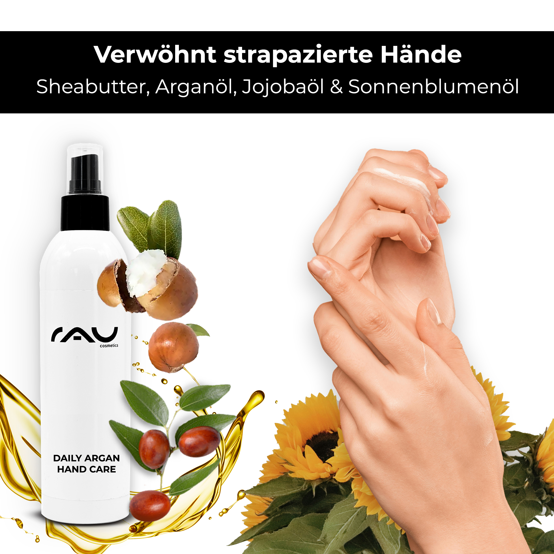 RAU Daily Argan Hand Care 250 ml - pflegende Handcreme für beanspruchte & trockene Hände Kopie Flasche, Finger, Person, Lotion, Kräuterig