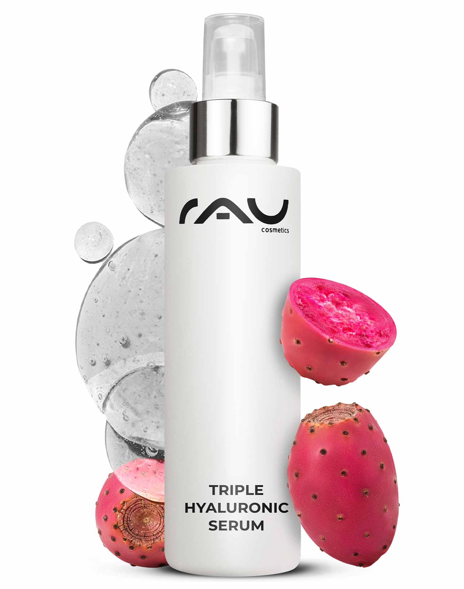 トリプルヒアルロン美容液 100ml パンテノール&ヒアルロン配合 Flasche des Triple Hyaluronic Serum von RAU Cosmetics mit rosa Feigenkaktusfrüchten und Wassertropfen, die die Feuchtigkeitsversorgung und Anti-Aging-Vorteile für die Hautpflege fördern.