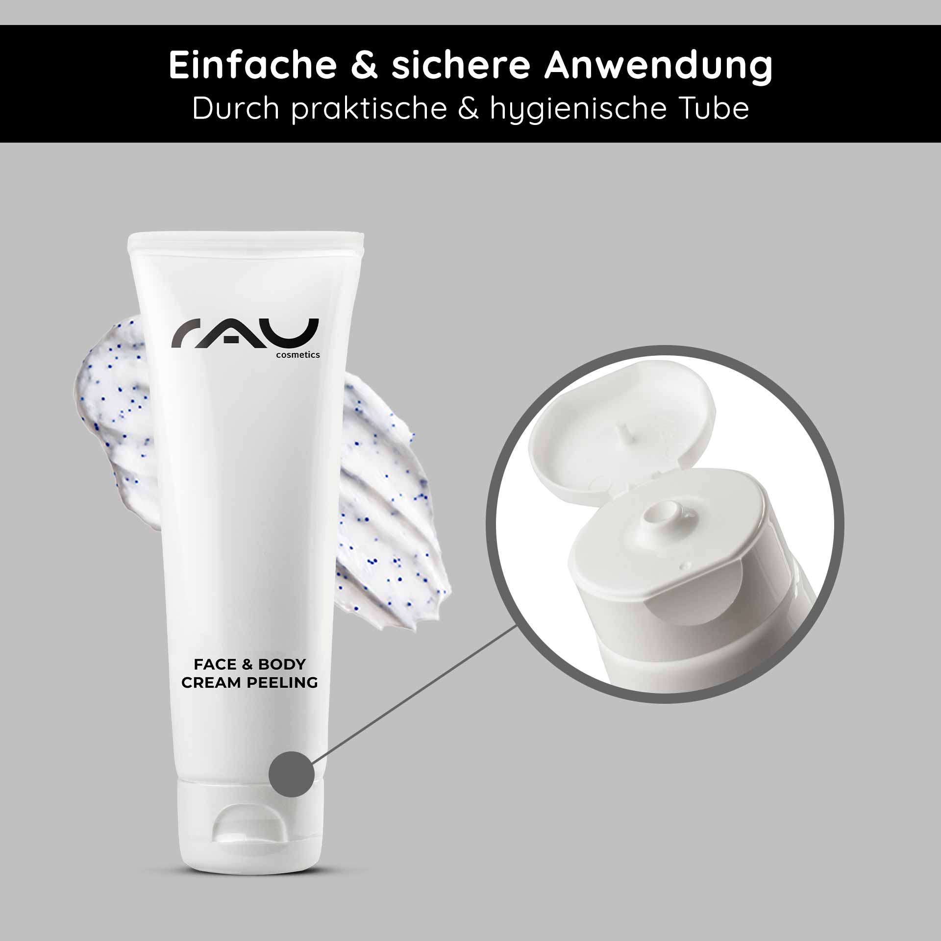 フェイス&ボディ クリームピーリング 75ml メカニカルピーリング RAU Cosmetics Face & Body Cream Peeling-Tube mit Peeling-Creme-Textur und hygienischer Kappe, die die Reinigung und Pflege der Haut fördert.