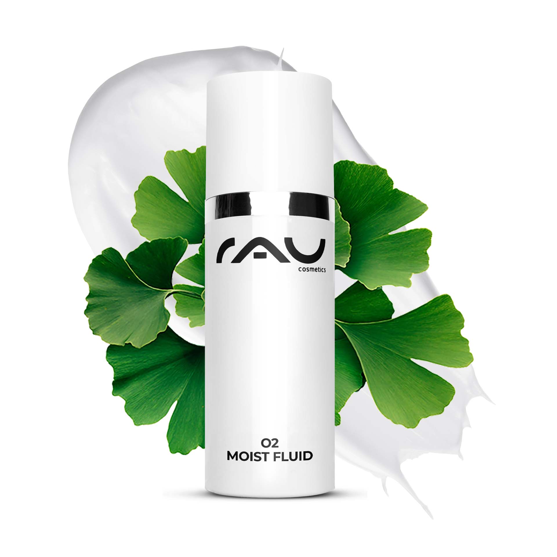 O2 モイスト フルイド 50ml デイ クリームくすんだ肌用 Flasche RAU O2 Moist Fluid mit Ginkgoblättern und cremefarbenem Hintergrund, die die Vorteile der Feuchtigkeitsversorgung und Hautverjüngung für trockene und reife Haut hervorhebt.