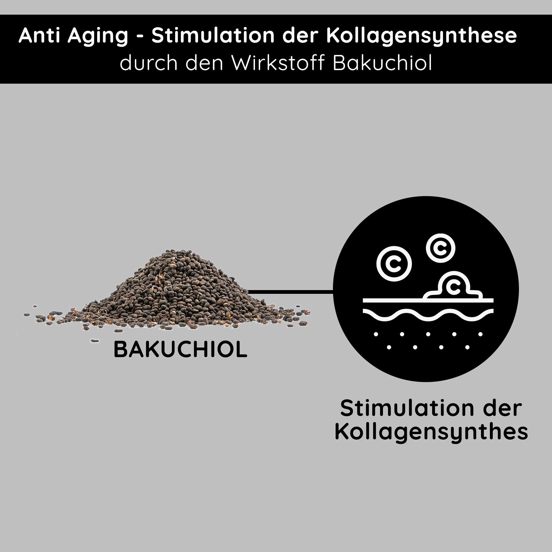 Bakuchiol-Pulver für Anti-Aging, stimuliert die Kollagensynthese, mit Text „Anti Aging – Stimulation der Kollagensynthese durch den Wirkstoff Bakuchiol.“