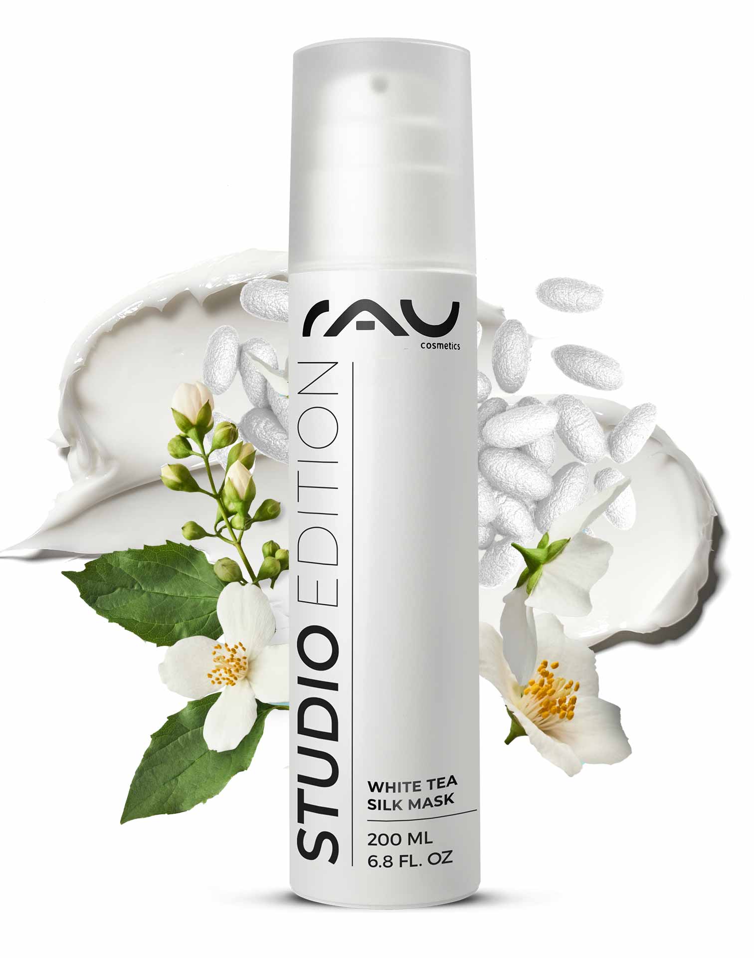 ホワイトティーシルクマスク 200ml リッチクリーム&マスク White Tea Silk Mask von RAU Cosmetics, 200 ml Behälter mit floralen Elementen, mit pflegenden Inhaltsstoffen wie weißem Tee und Seidenproteinen, entwickelt für empfindliche und trockene Haut.