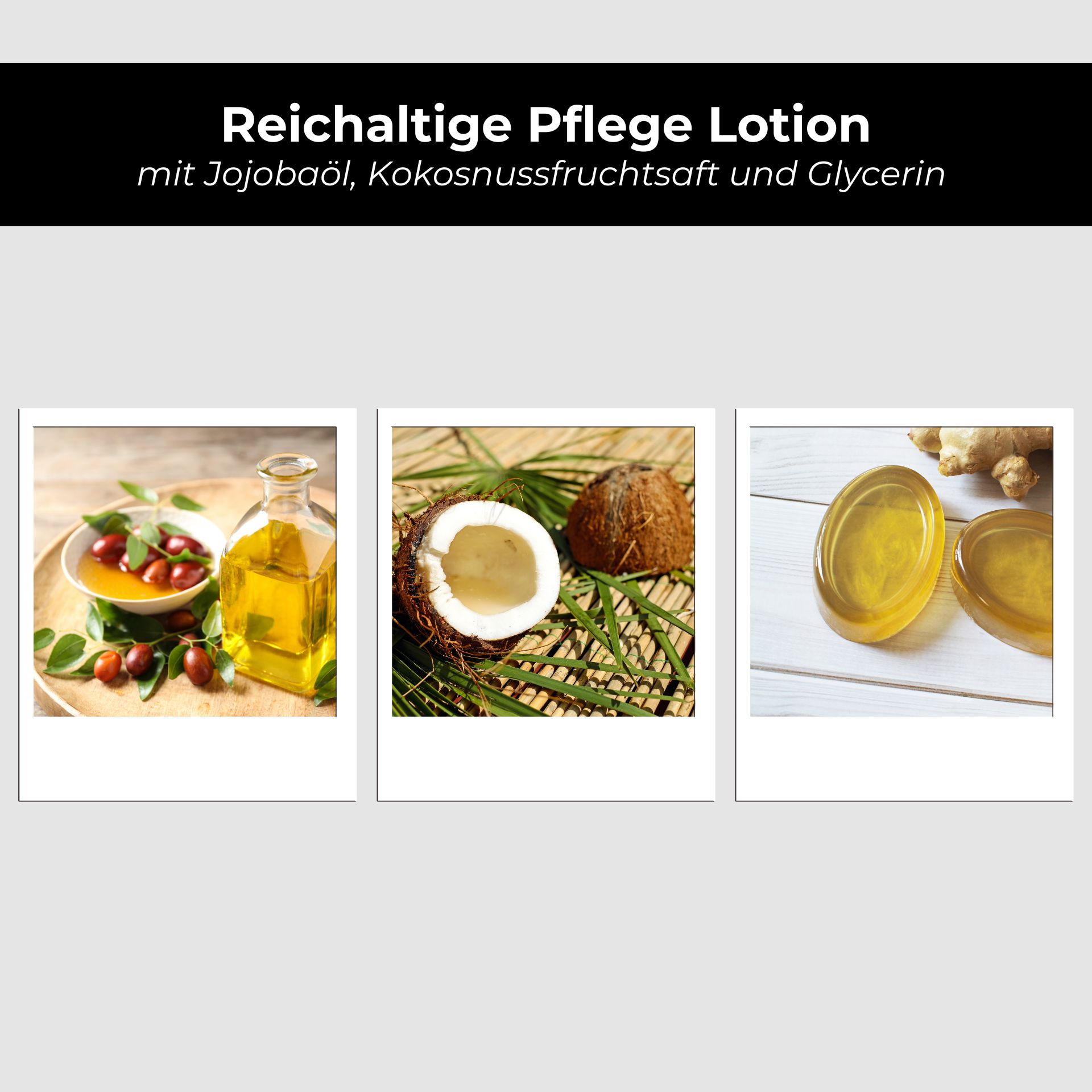 RAU Eternal Moist Body Lotion 500 ml - Intensive Feuchtigkeit für streichelzarte Haut  Reichhaltige Pflege Lotion mit Jojobaöl, Kokosnussfrucht und Glycerin, abgebildet in drei Fotos: Ölflasche mit Jojobasamen, aufgeschnittene Kokosnuss und Gel-Behälter.